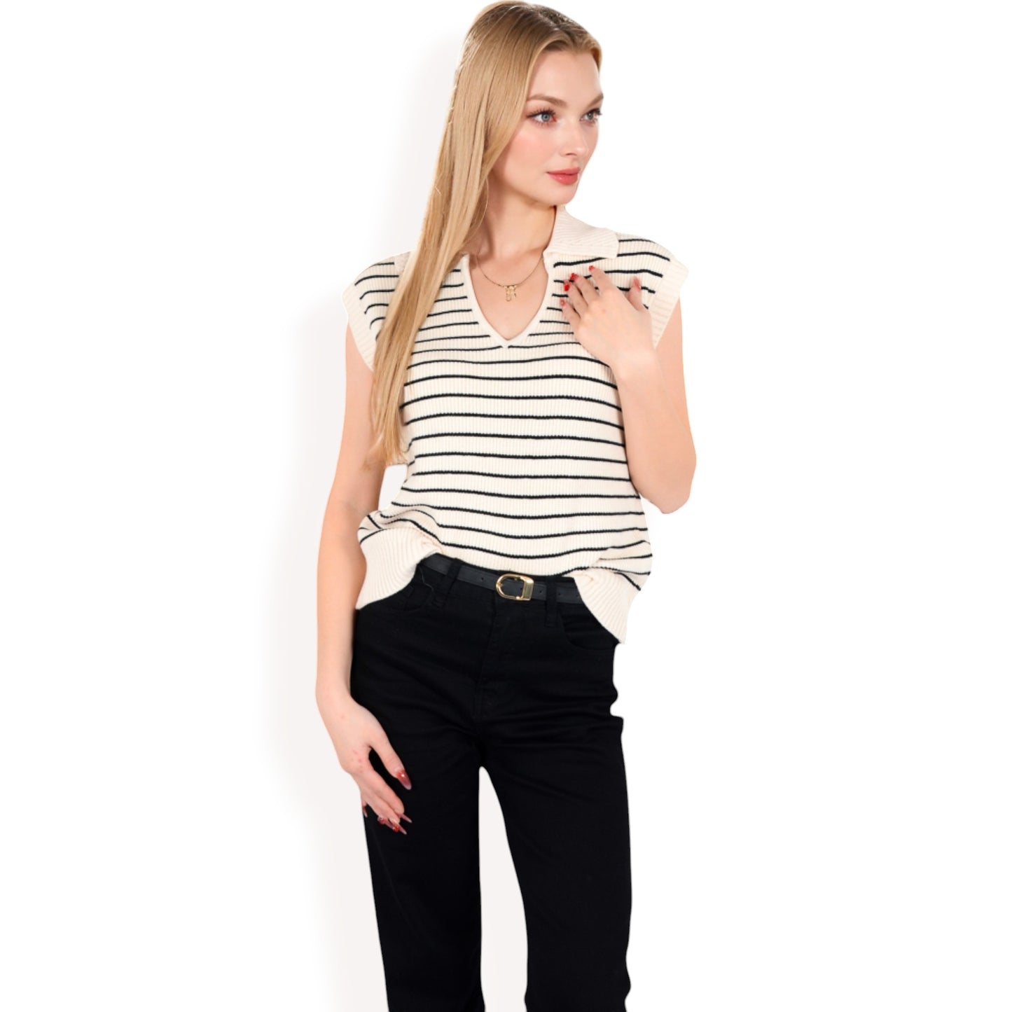 Anna-Kaci Women's Striped Knit Sleeveless Sweater Vest with Collared V-Neck