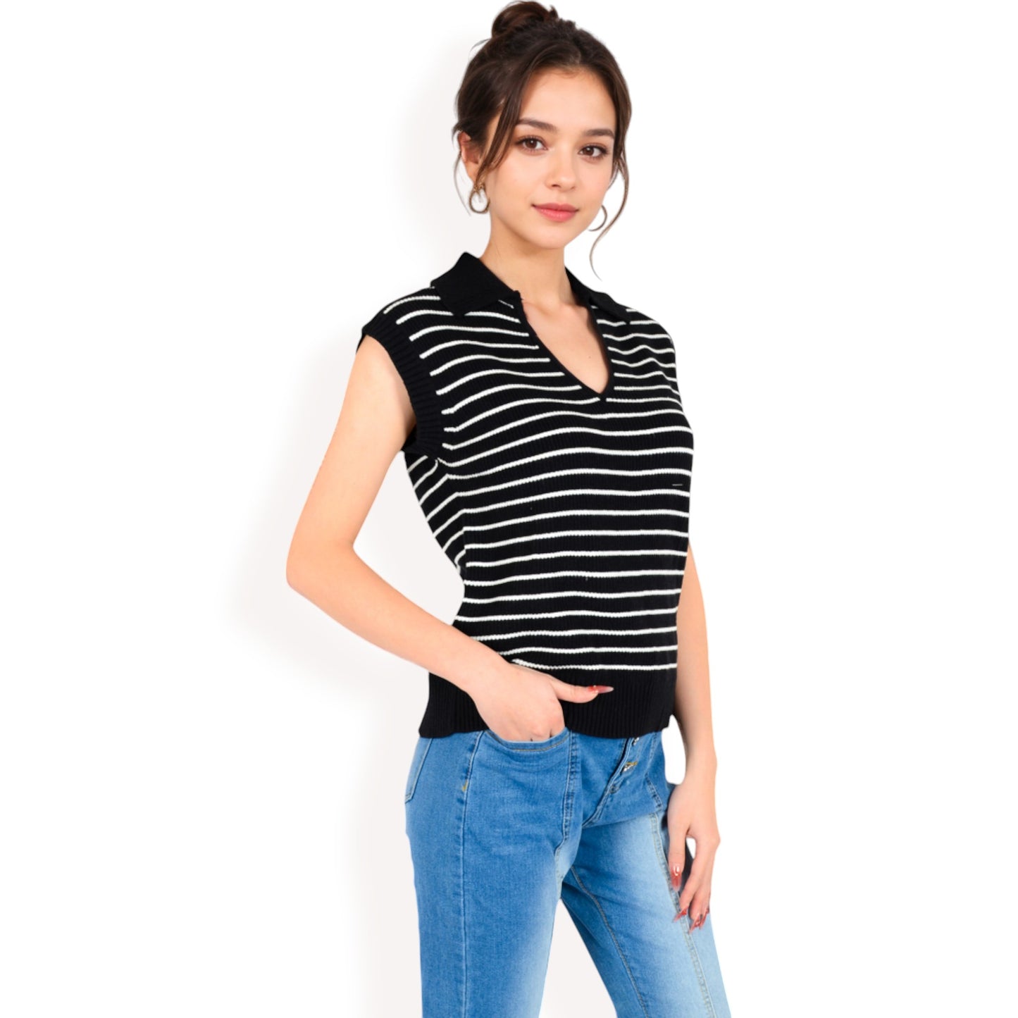 Anna-Kaci Women's Striped Knit Sleeveless Sweater Vest with Collared V-Neck