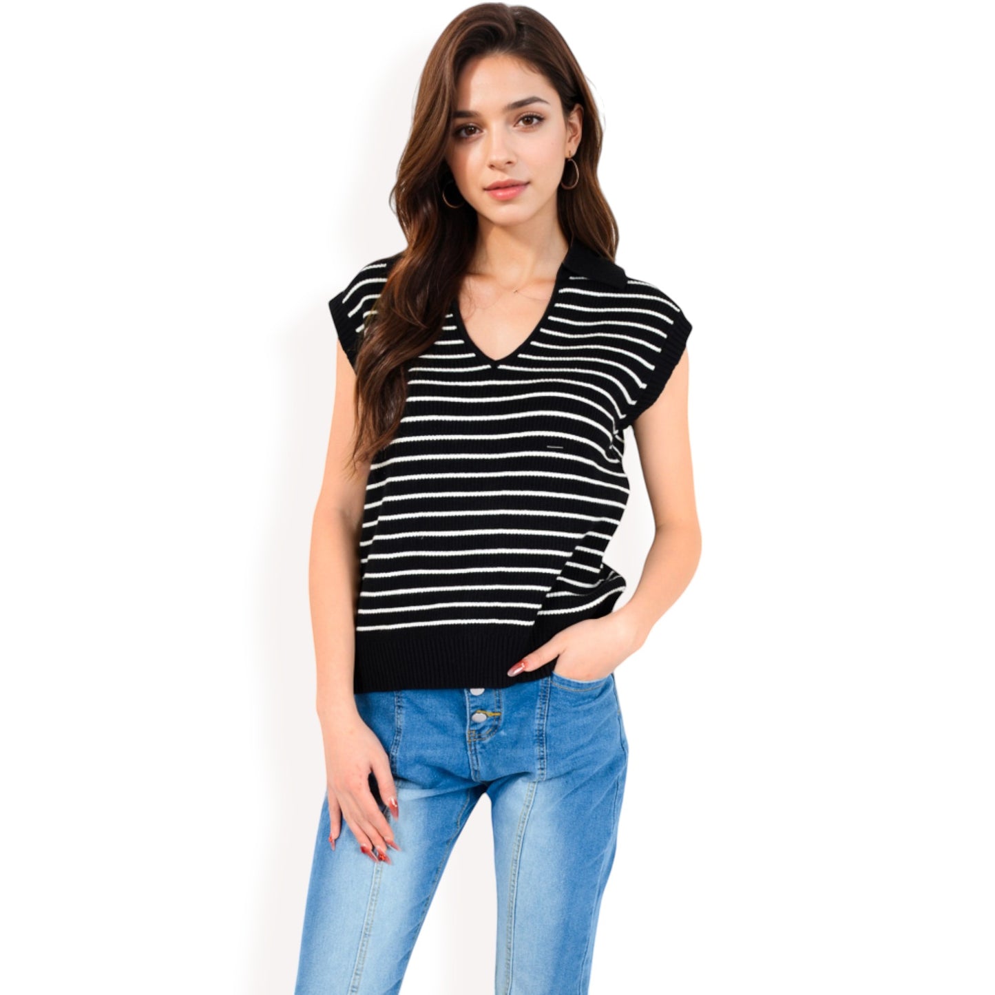 Anna-Kaci Women's Striped Knit Sleeveless Sweater Vest with Collared V-Neck