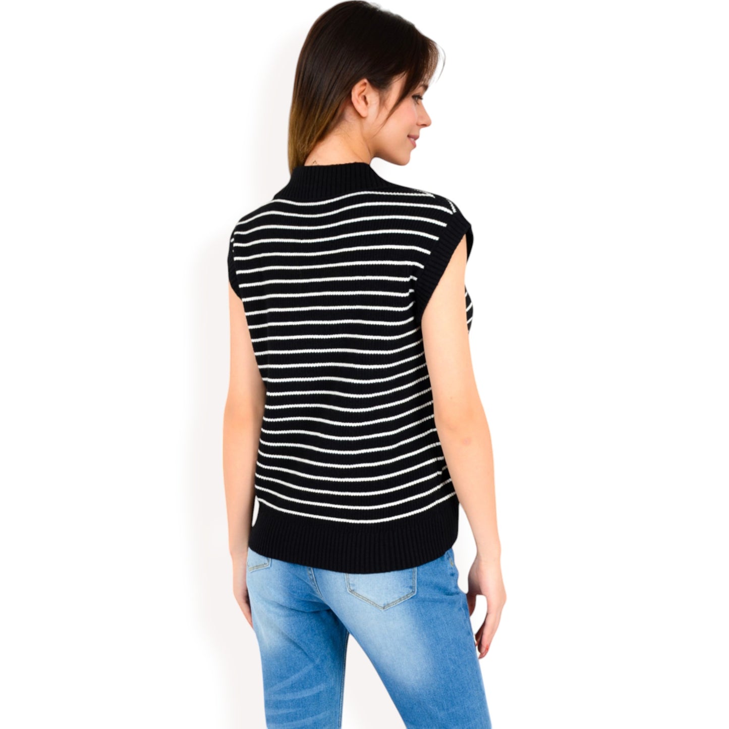 Anna-Kaci Women's Striped Knit Sleeveless Sweater Vest with Collared V-Neck
