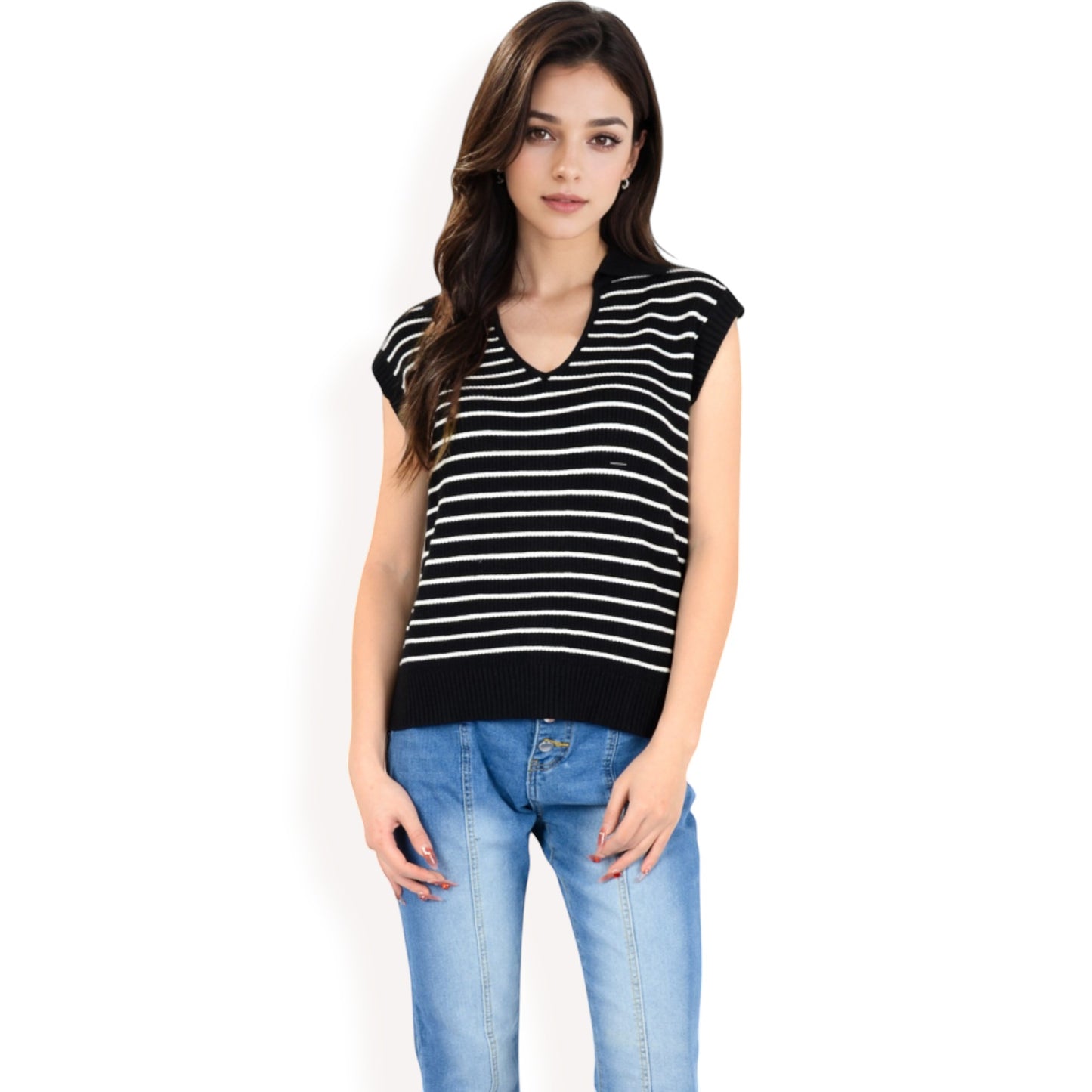 Anna-Kaci Women's Striped Knit Sleeveless Sweater Vest with Collared V-Neck