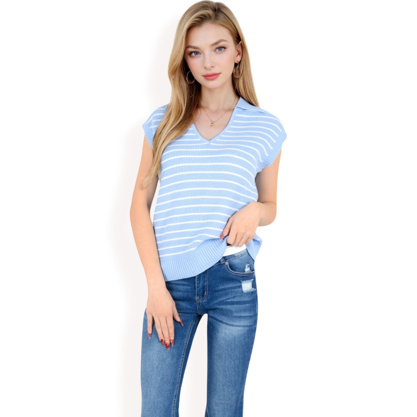 Anna-Kaci Women's Striped Knit Sleeveless Sweater Vest with Collared V-Neck