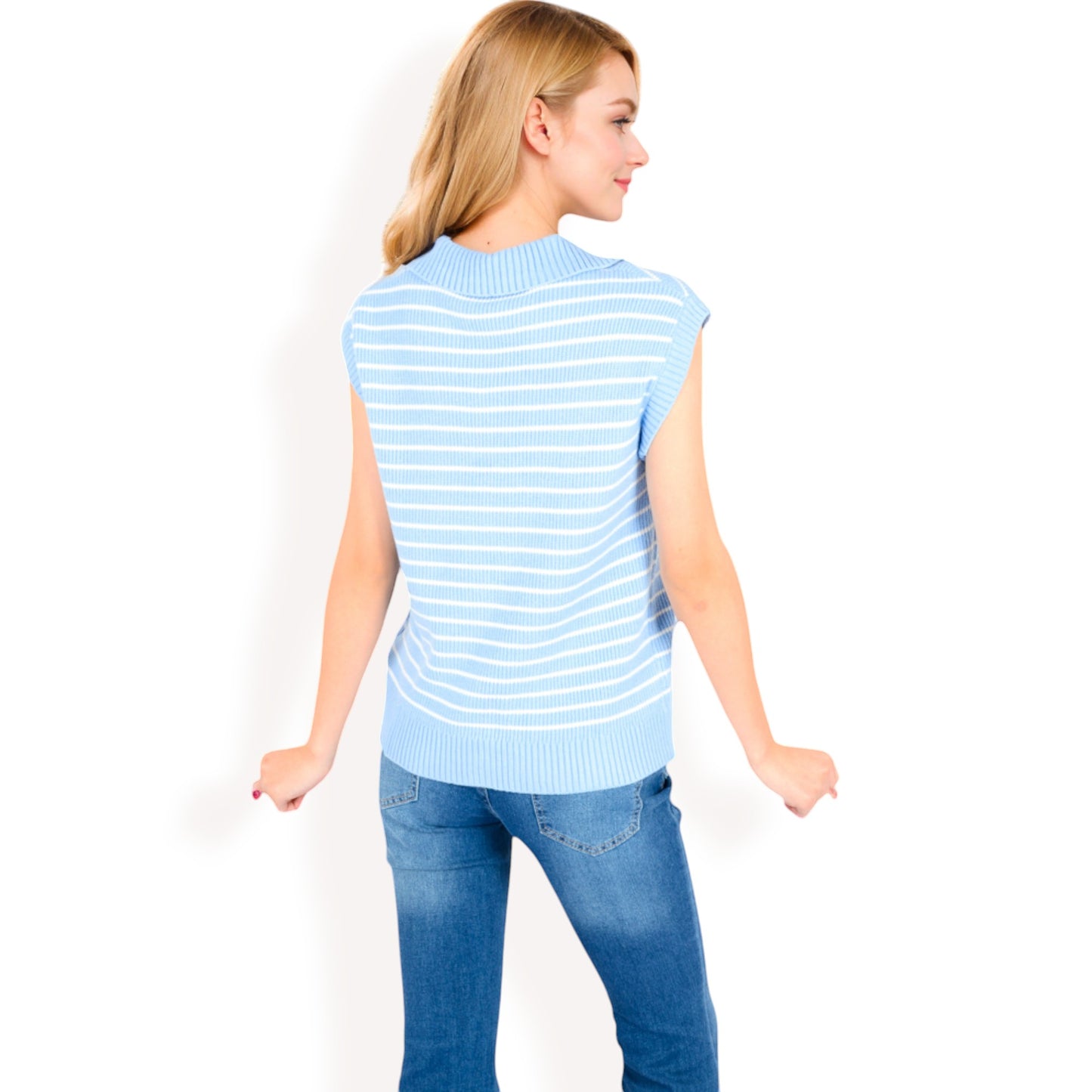 Anna-Kaci Women's Striped Knit Sleeveless Sweater Vest with Collared V-Neck