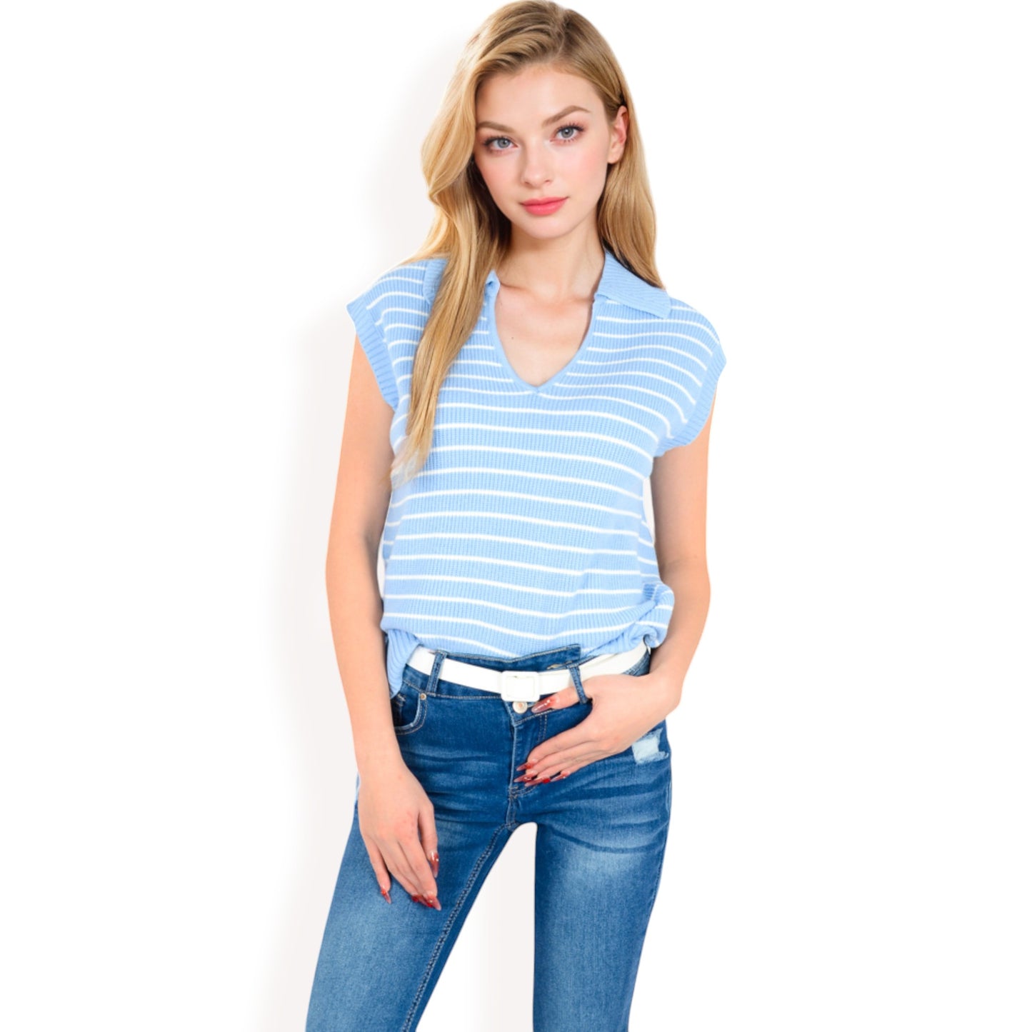 Anna-Kaci Women's Striped Knit Sleeveless Sweater Vest with Collared V-Neck