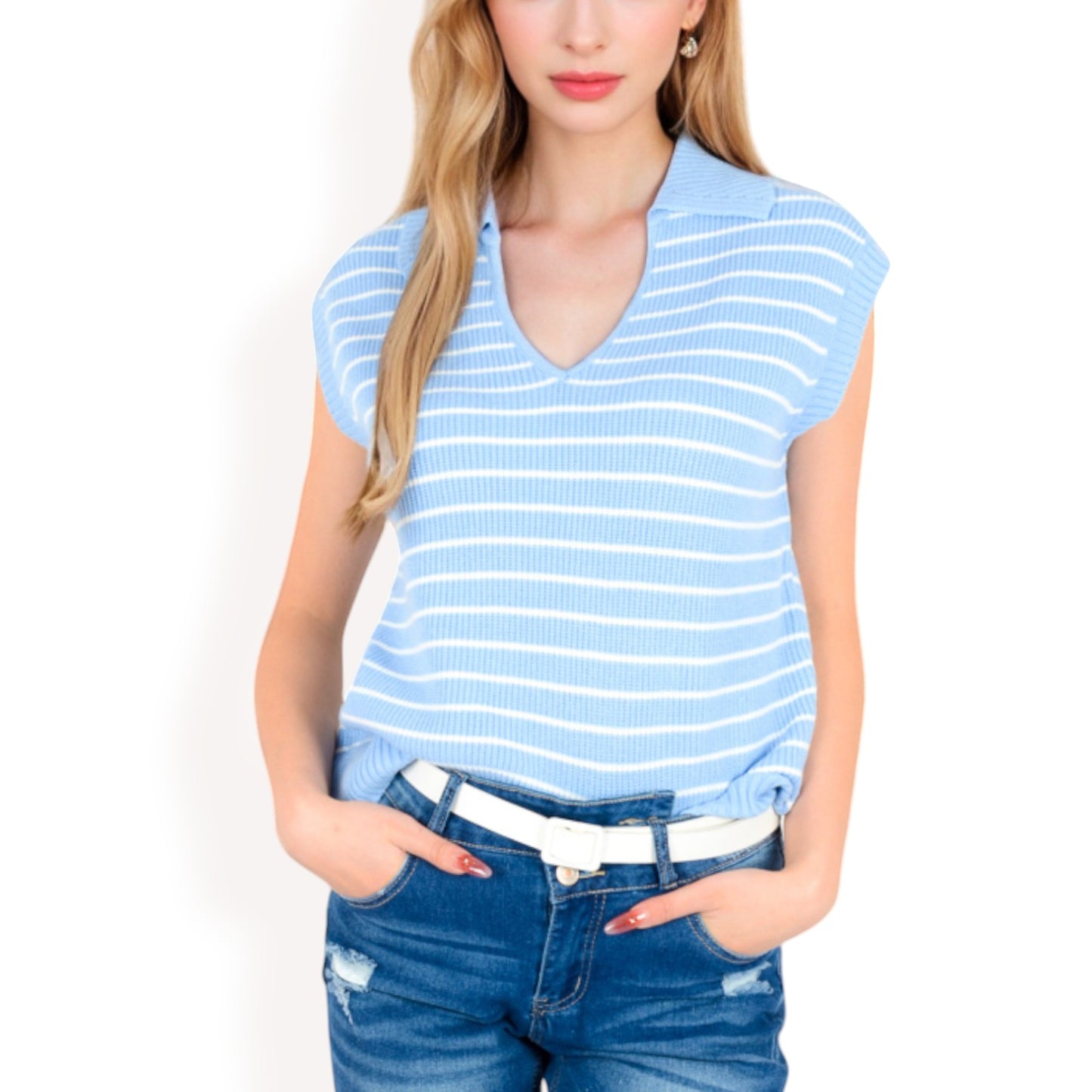 Anna-Kaci Women's Striped Knit Sleeveless Sweater Vest with Collared V-Neck