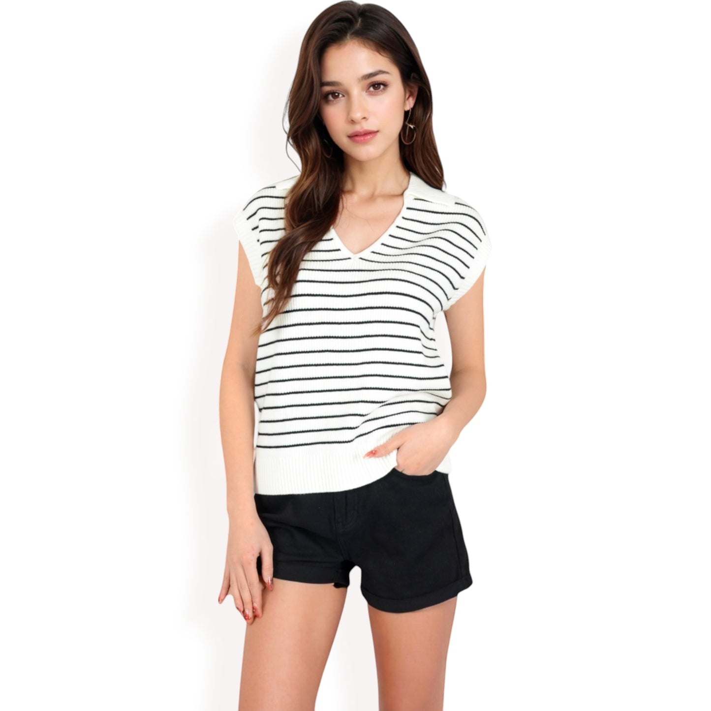 Anna-Kaci Women's Striped Knit Sleeveless Sweater Vest with Collared V-Neck