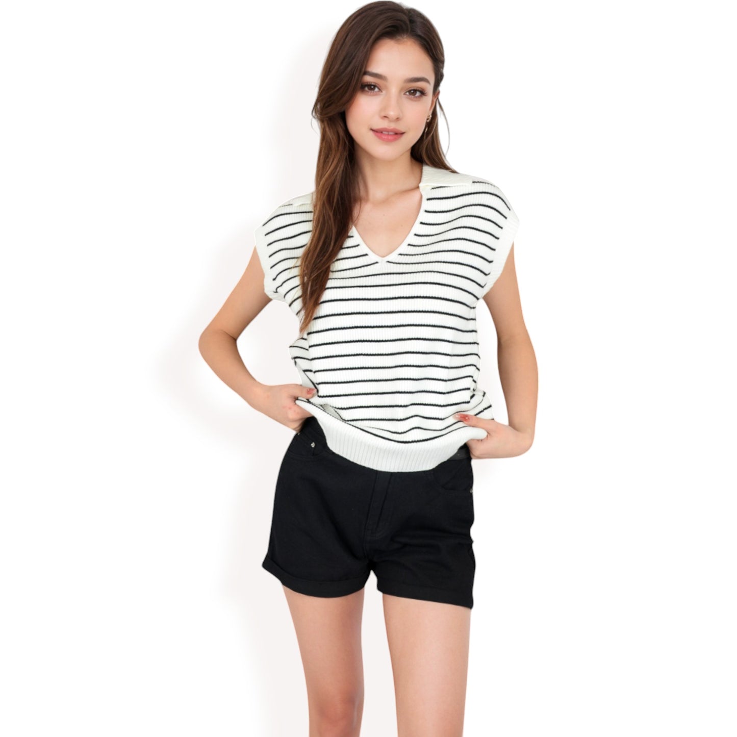 Anna-Kaci Women's Striped Knit Sleeveless Sweater Vest with Collared V-Neck