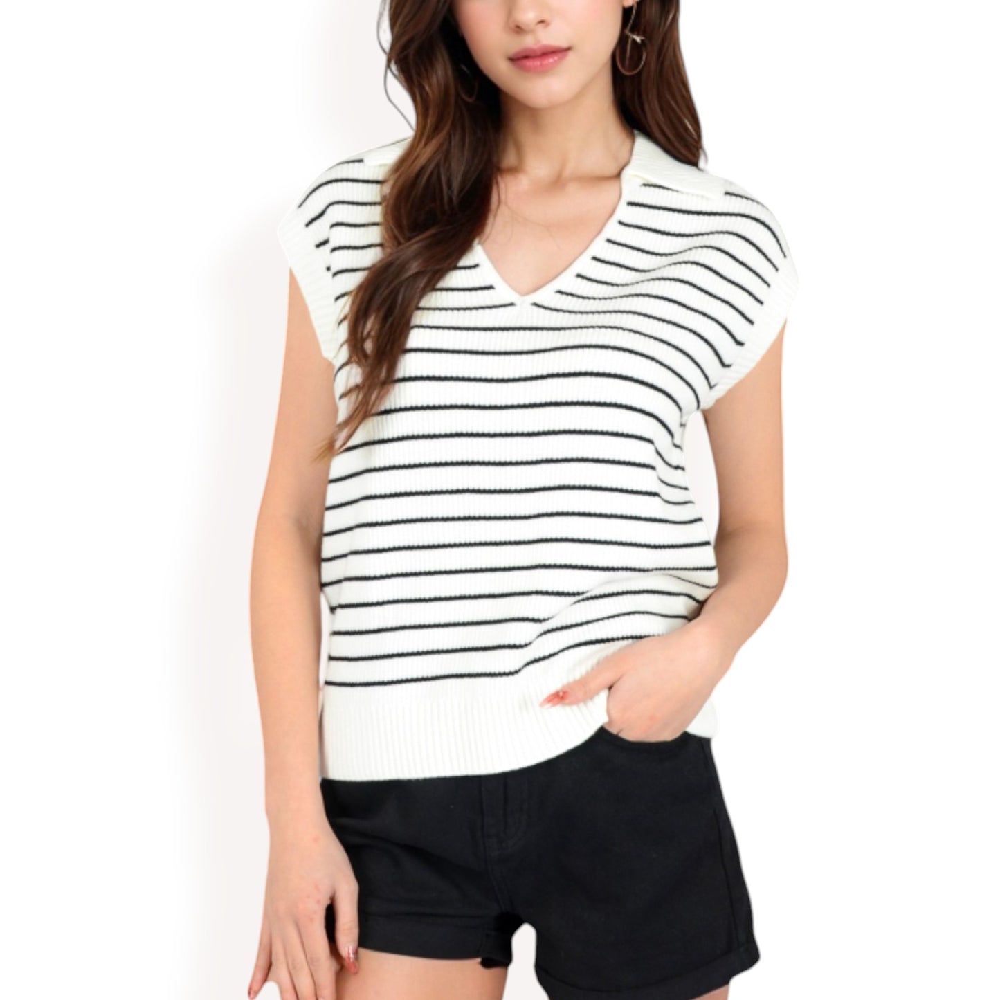 Anna-Kaci Women's Striped Knit Sleeveless Sweater Vest with Collared V-Neck