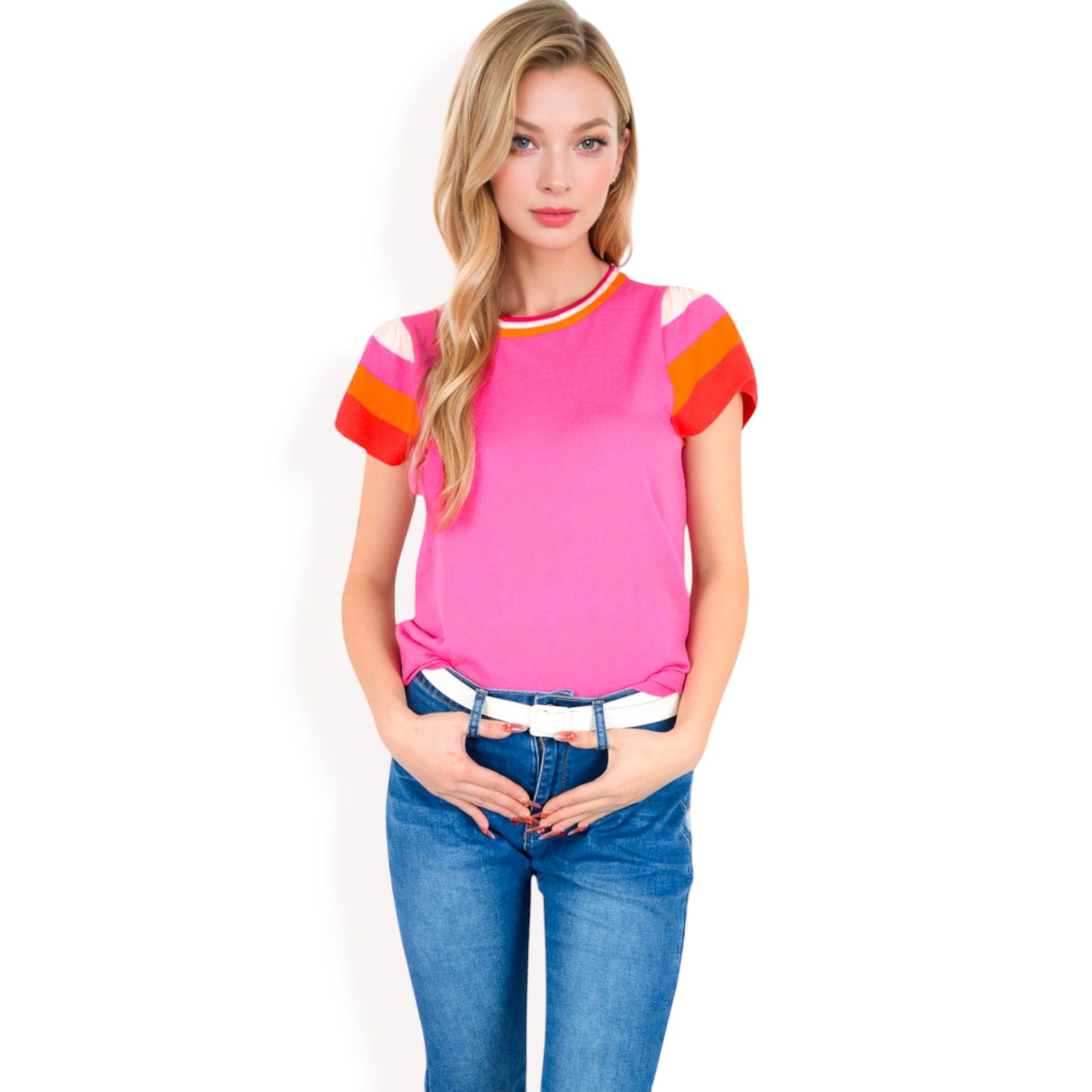 Anna-Kaci Women's Colorblock Knit Short Sleeve Top with Bold Striped Sleeves