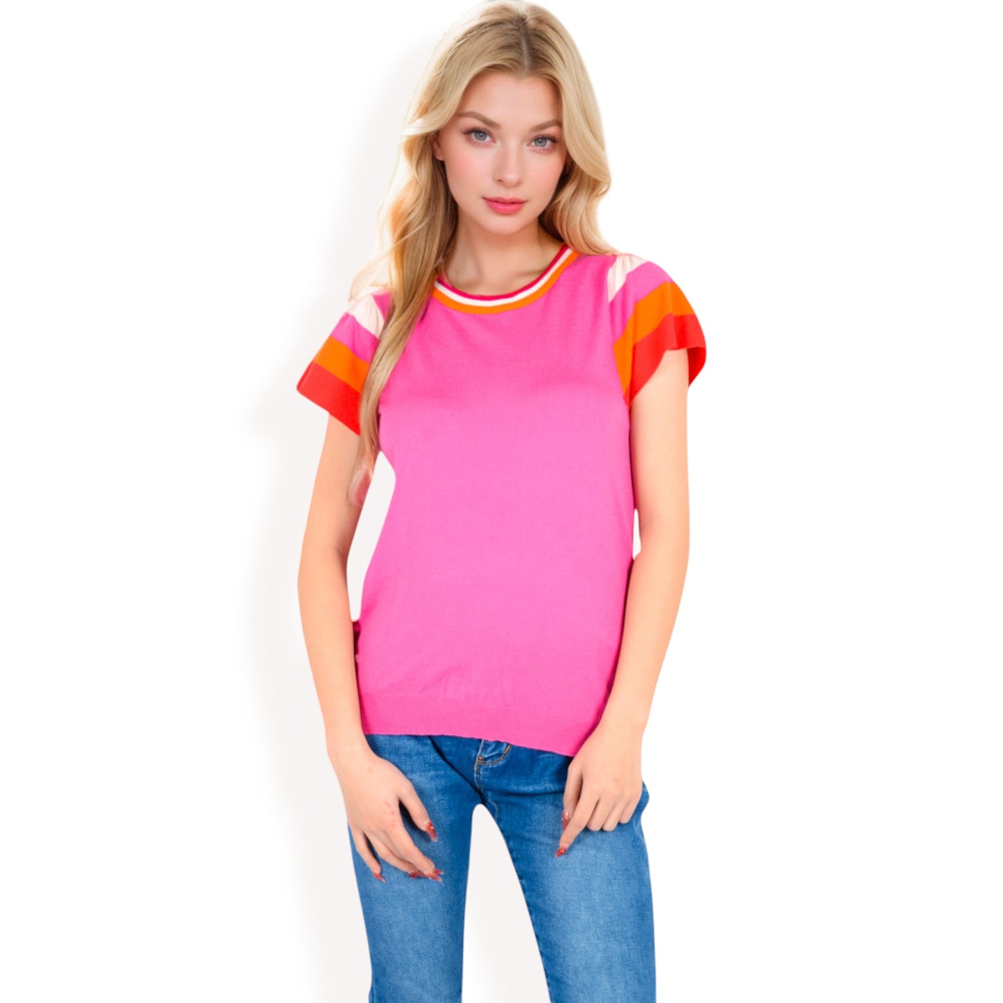 Anna-Kaci Women's Colorblock Knit Short Sleeve Top with Bold Striped Sleeves