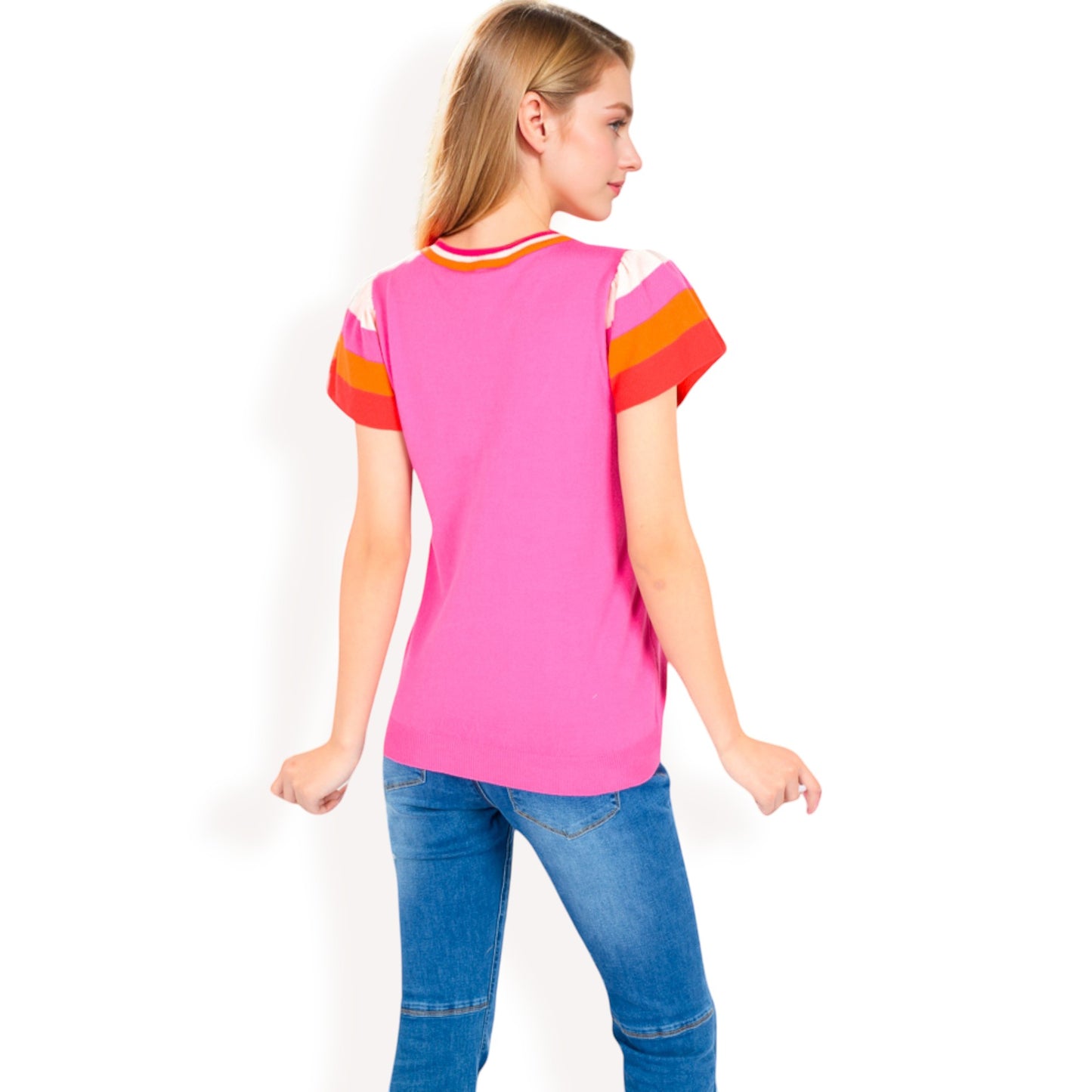 Anna-Kaci Women's Colorblock Knit Short Sleeve Top with Bold Striped Sleeves
