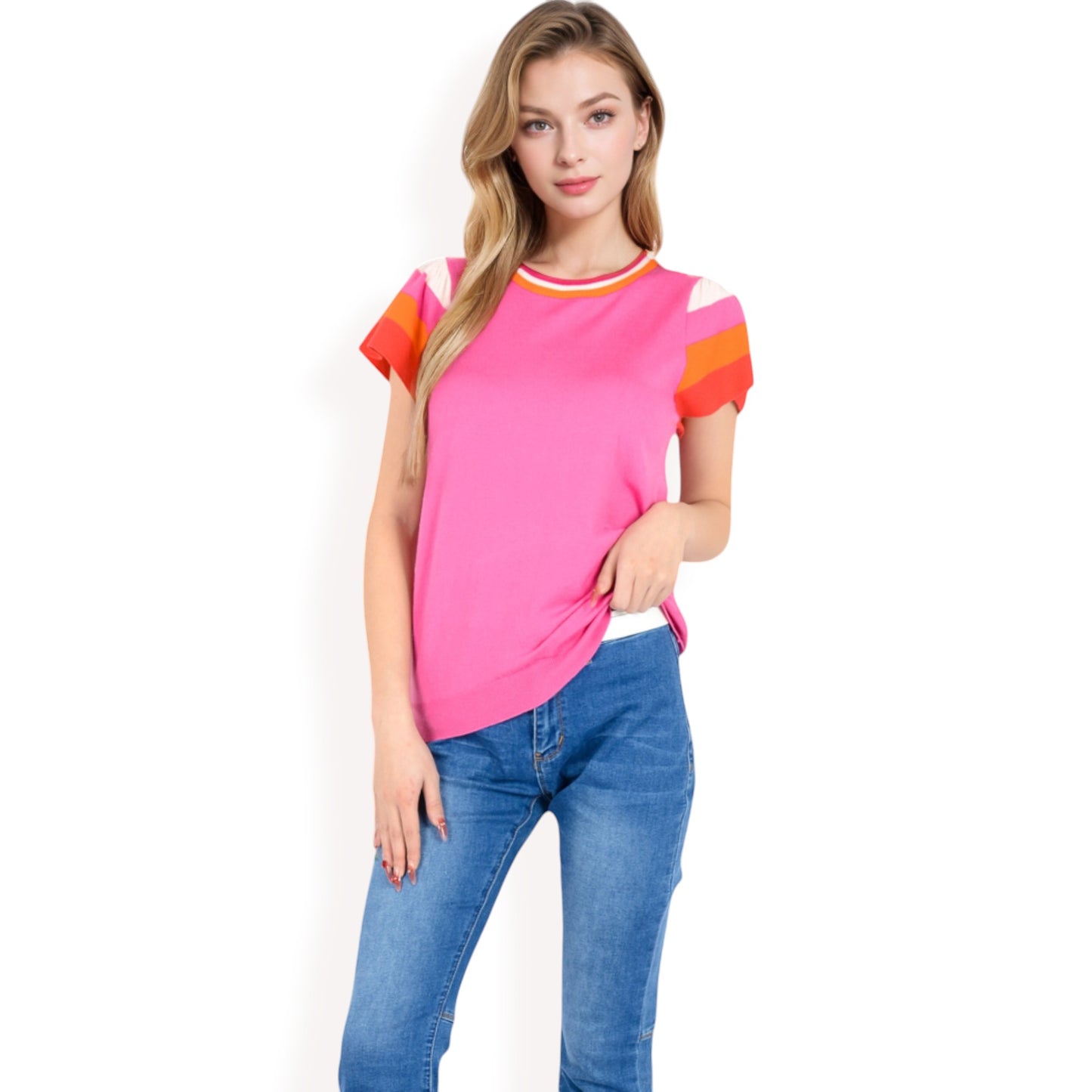 Anna-Kaci Women's Colorblock Knit Short Sleeve Top with Bold Striped Sleeves