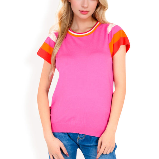 Anna-Kaci Women's Colorblock Knit Short Sleeve Top with Bold Striped Sleeves