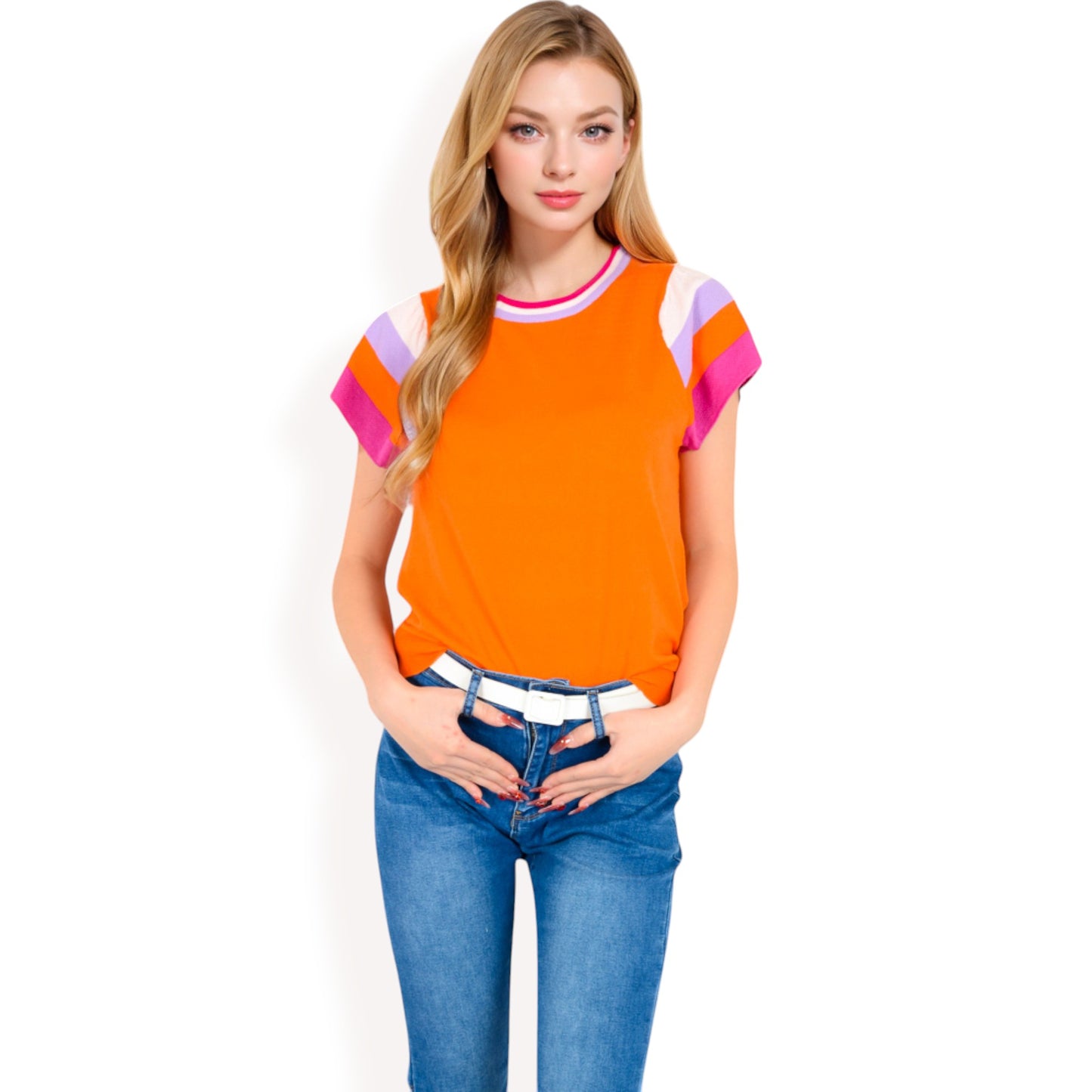 Anna-Kaci Women's Colorblock Knit Short Sleeve Top with Bold Striped Sleeves
