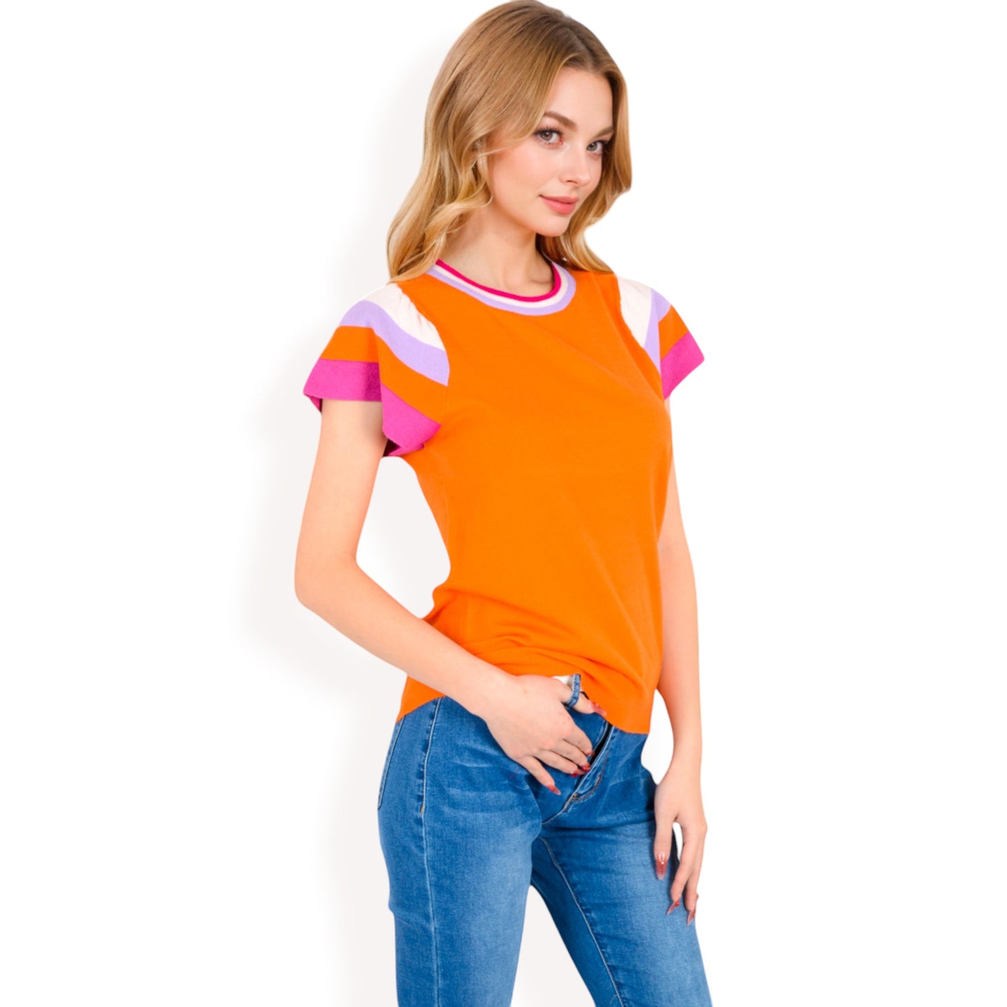 Anna-Kaci Women's Colorblock Knit Short Sleeve Top with Bold Striped Sleeves
