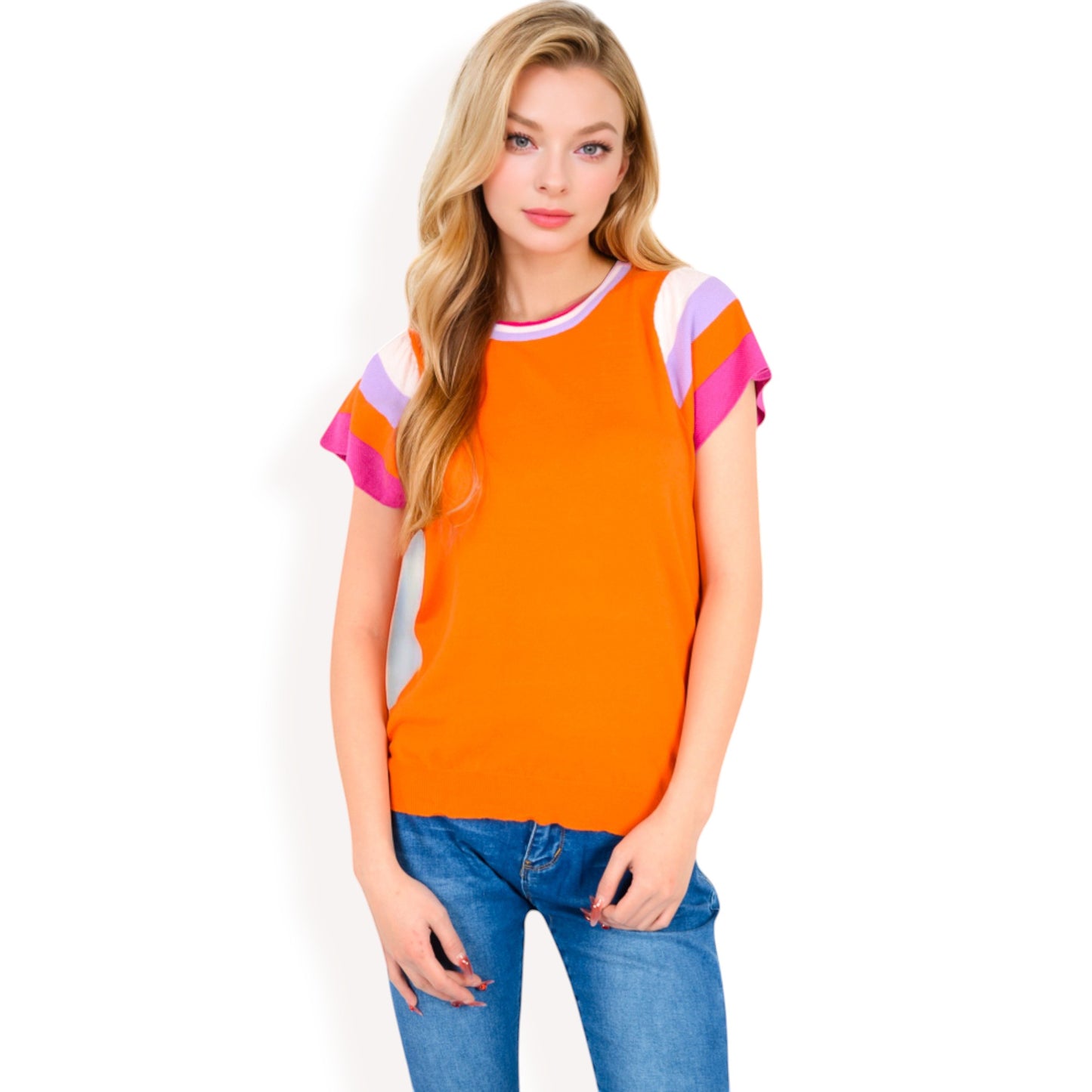 Anna-Kaci Women's Colorblock Knit Short Sleeve Top with Bold Striped Sleeves