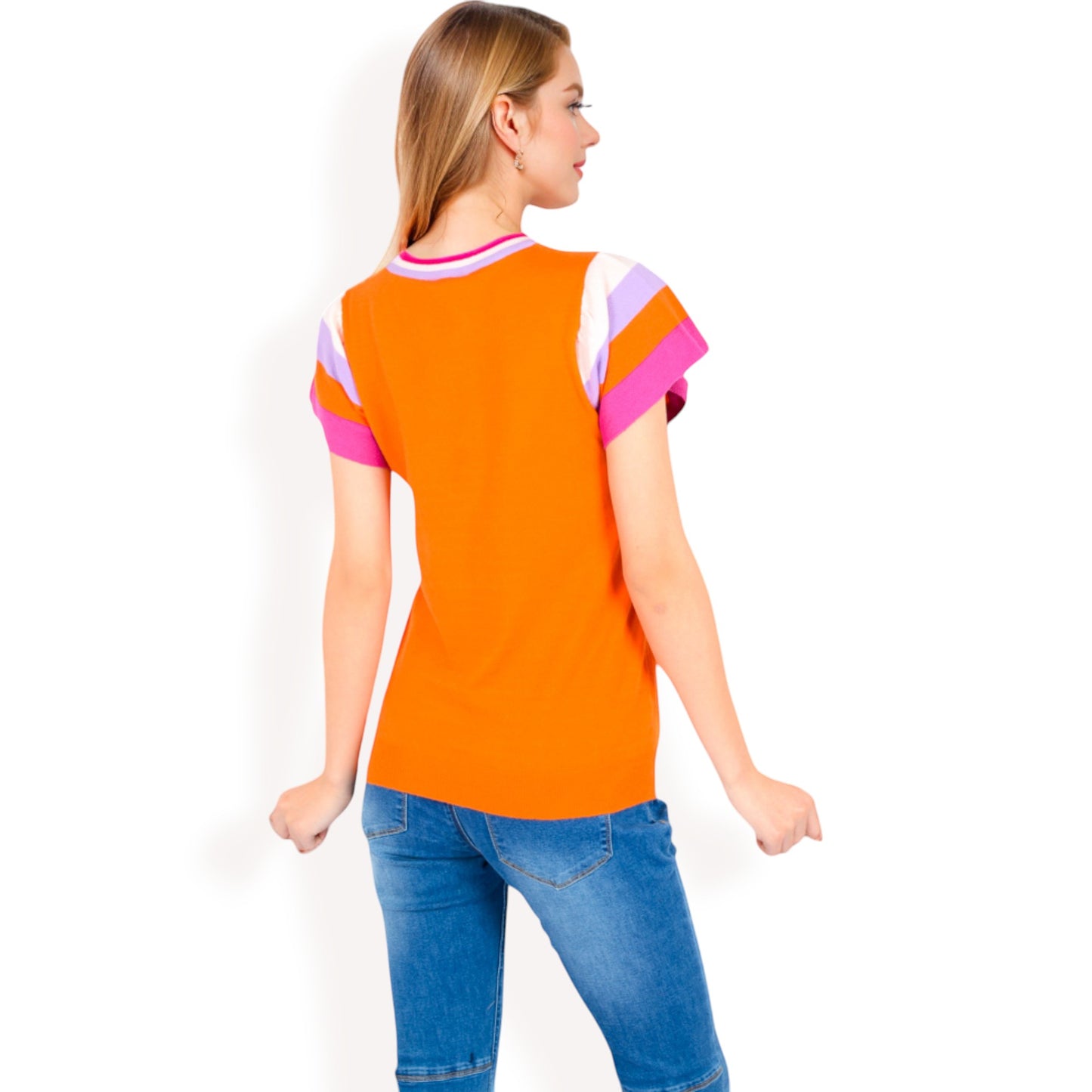 Anna-Kaci Women's Colorblock Knit Short Sleeve Top with Bold Striped Sleeves
