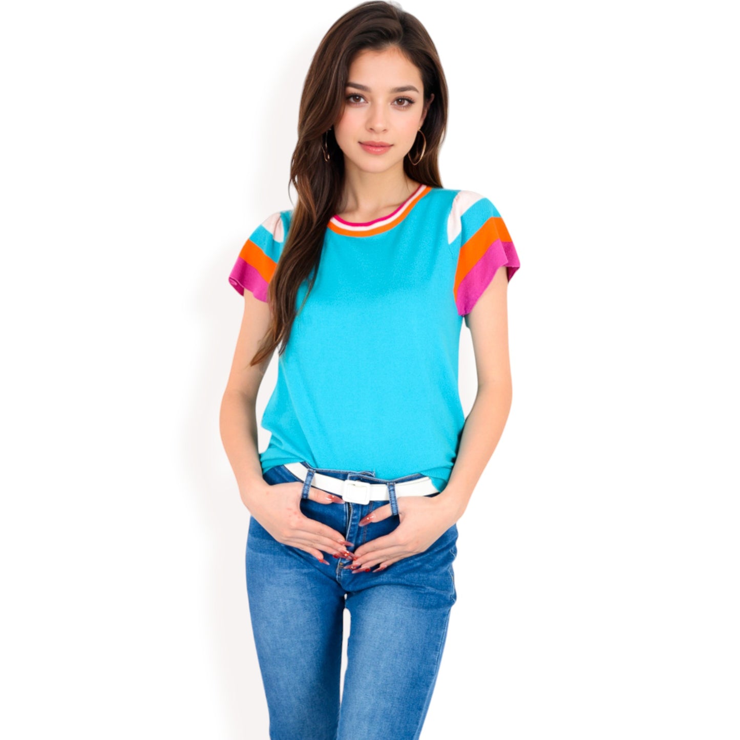 Anna-Kaci Women's Colorblock Knit Short Sleeve Top with Bold Striped Sleeves