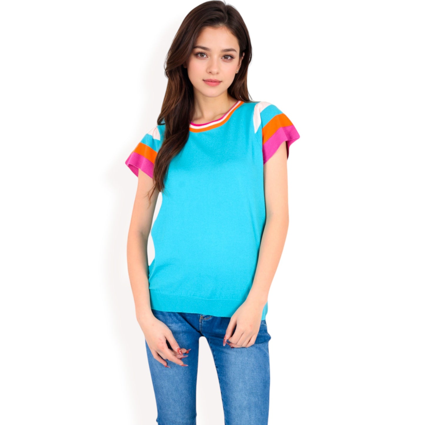 Anna-Kaci Women's Colorblock Knit Short Sleeve Top with Bold Striped Sleeves