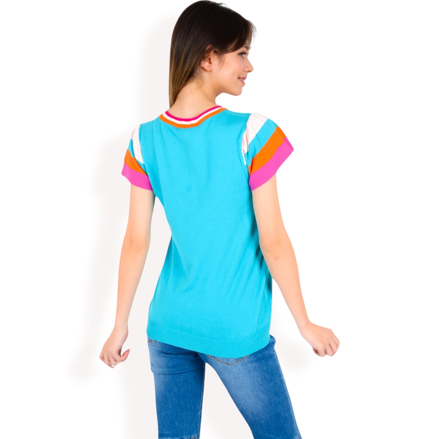 Anna-Kaci Women's Colorblock Knit Short Sleeve Top with Bold Striped Sleeves