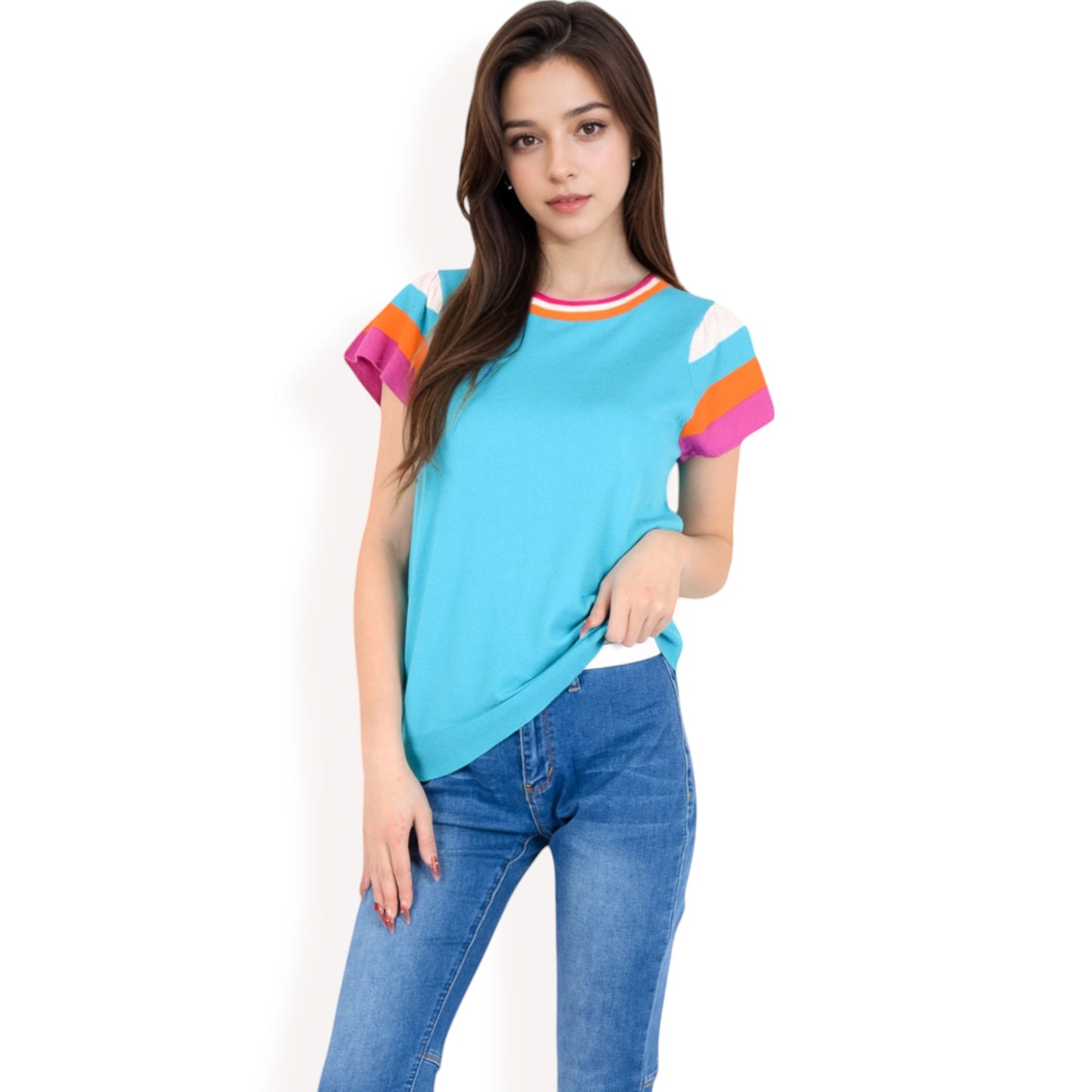 Anna-Kaci Women's Colorblock Knit Short Sleeve Top with Bold Striped Sleeves