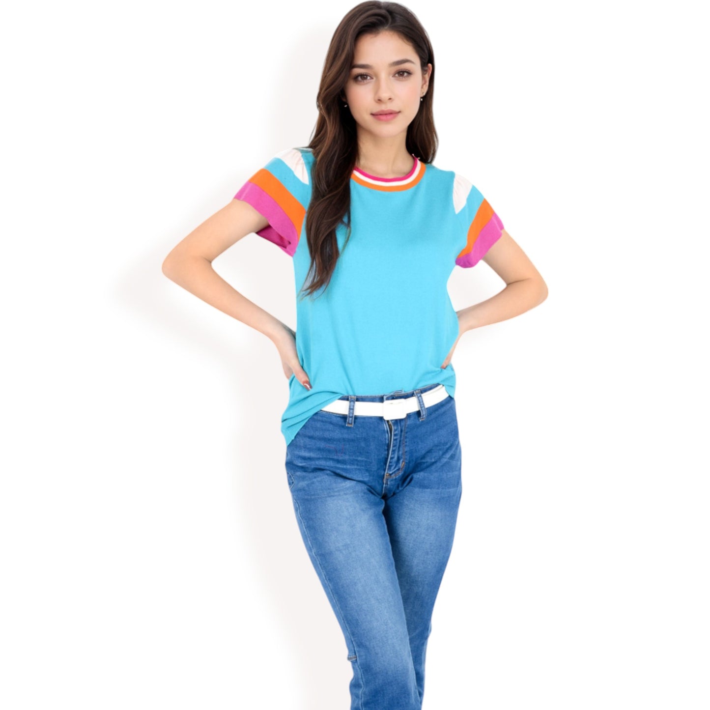 Anna-Kaci Women's Colorblock Knit Short Sleeve Top with Bold Striped Sleeves