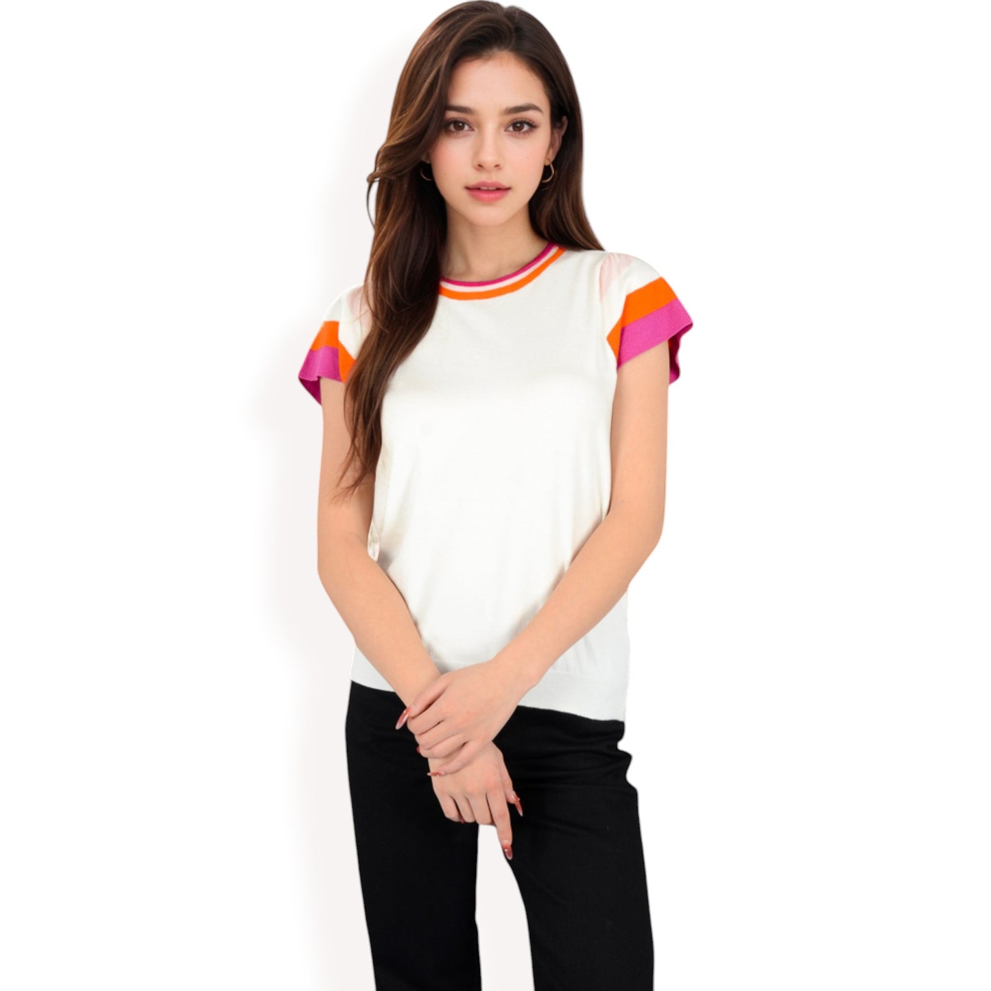 Anna-Kaci Women's Colorblock Knit Short Sleeve Top with Bold Striped Sleeves