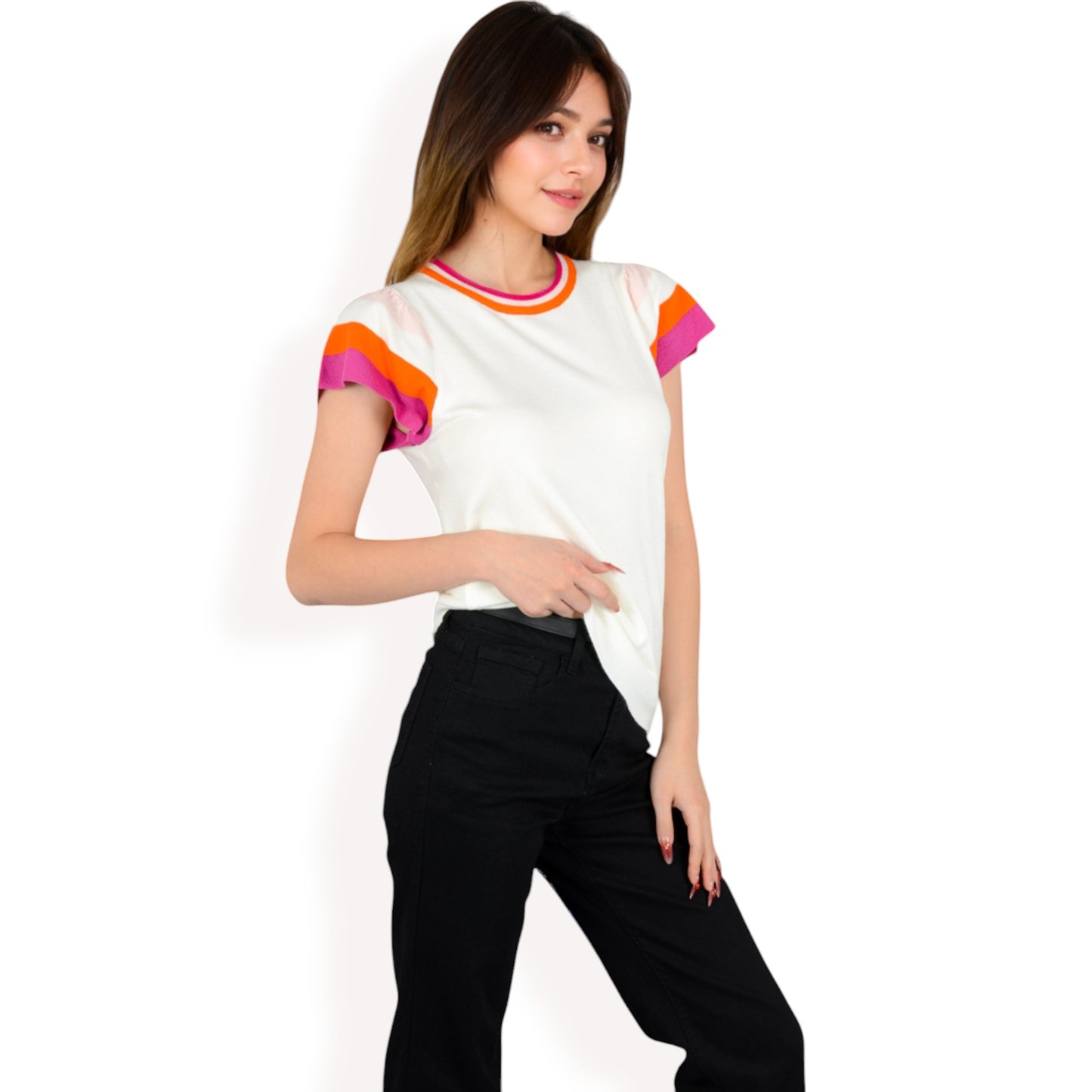 Anna-Kaci Women's Colorblock Knit Short Sleeve Top with Bold Striped Sleeves