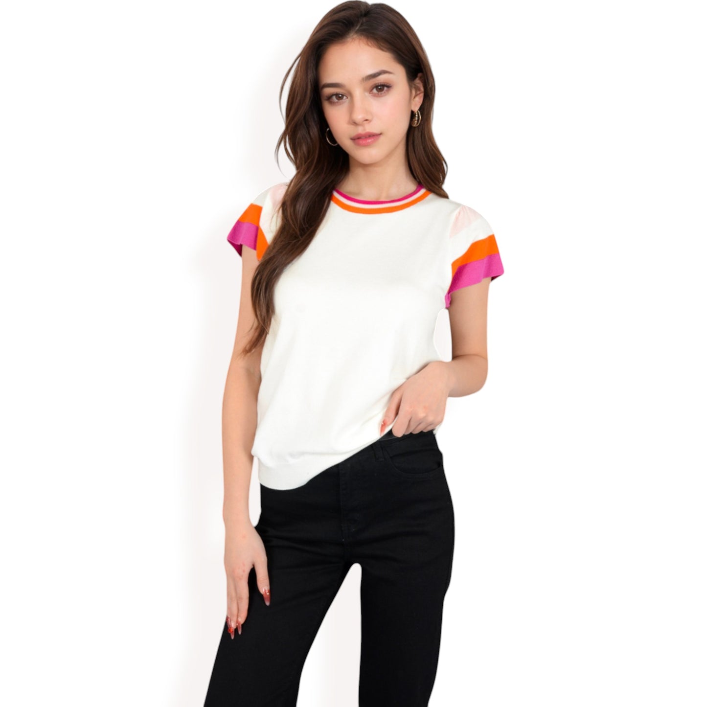 Anna-Kaci Women's Colorblock Knit Short Sleeve Top with Bold Striped Sleeves