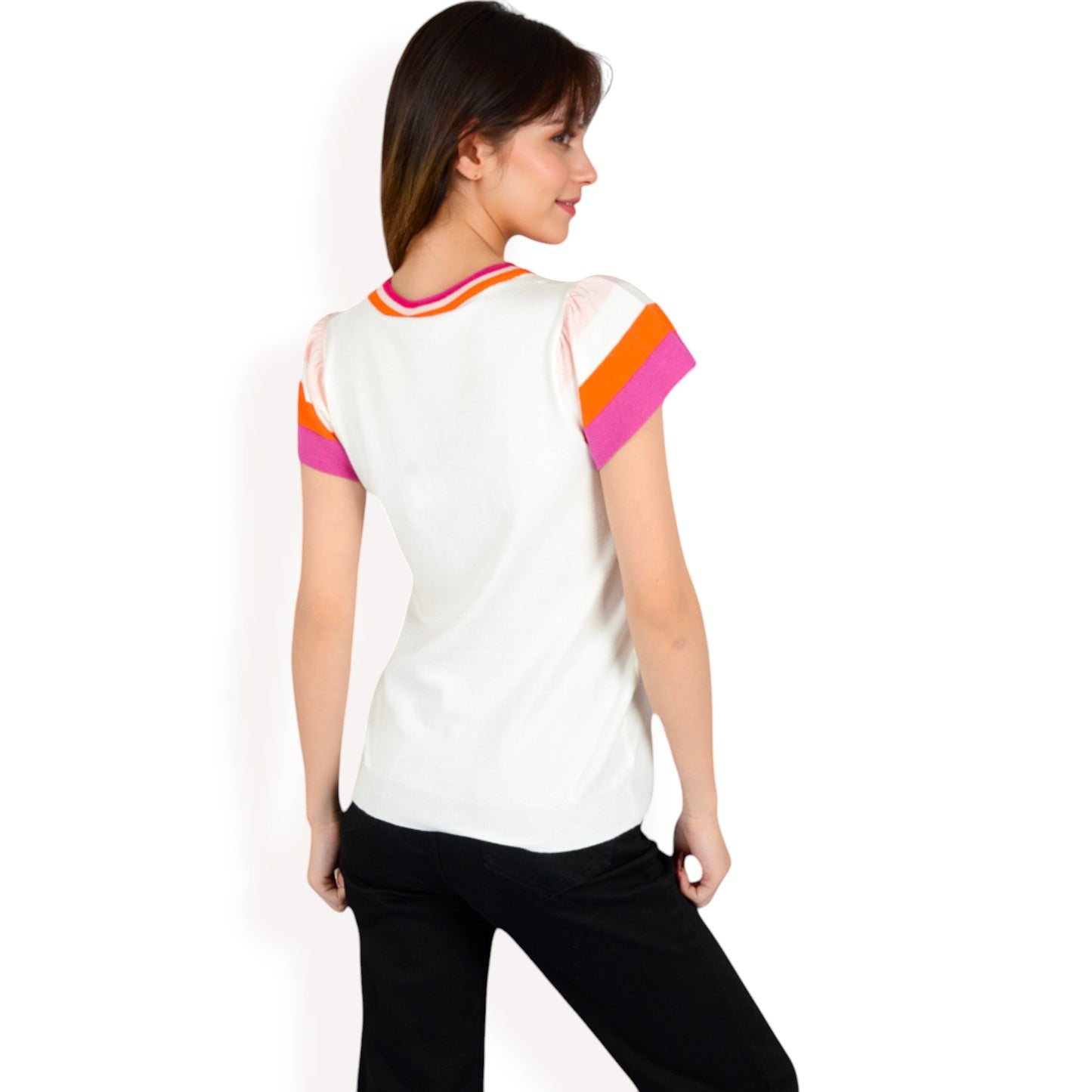 Anna-Kaci Women's Colorblock Knit Short Sleeve Top with Bold Striped Sleeves