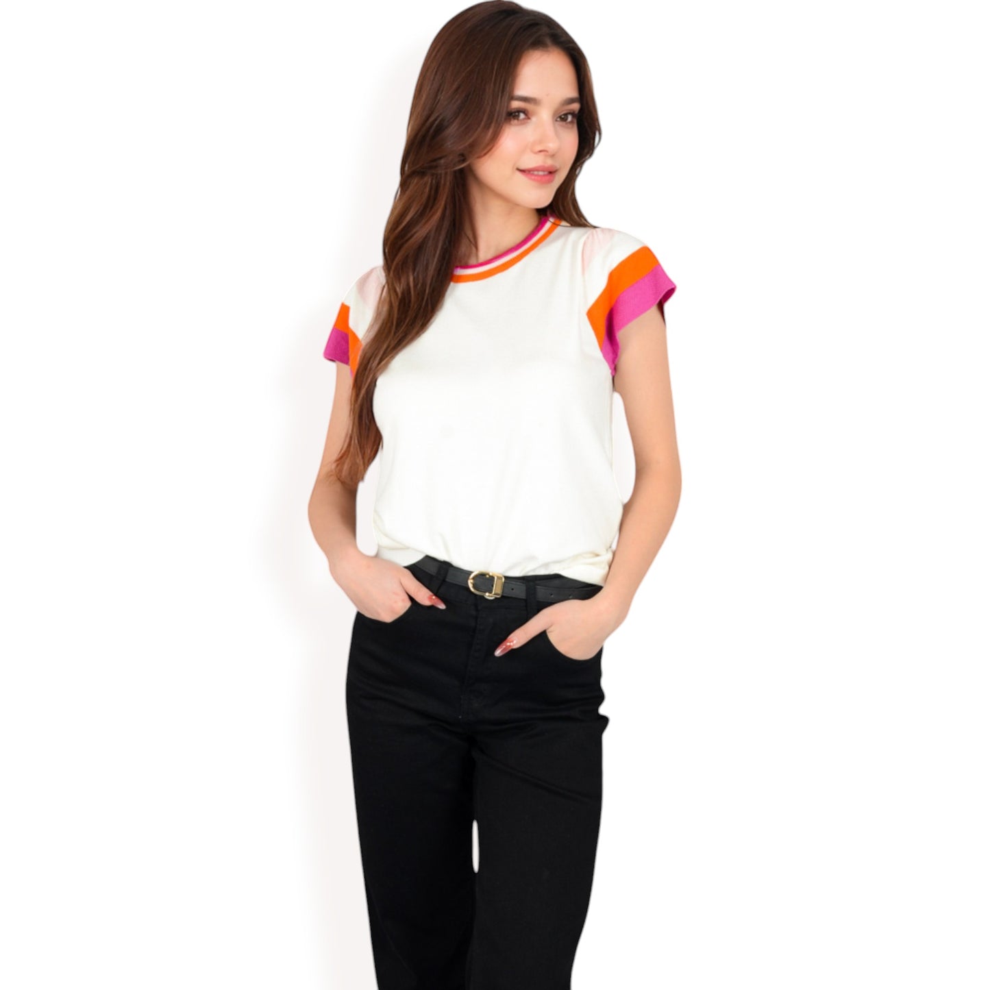 Anna-Kaci Women's Colorblock Knit Short Sleeve Top with Bold Striped Sleeves