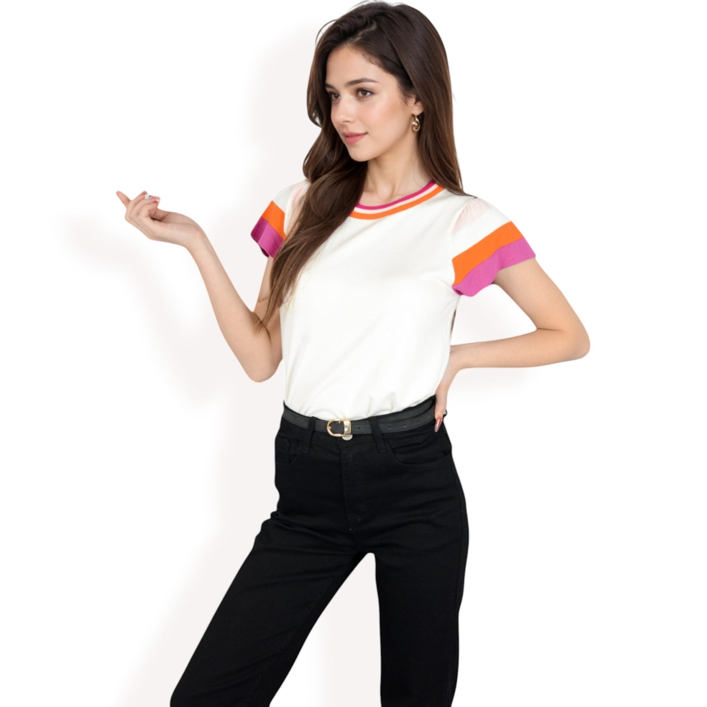 Anna-Kaci Women's Colorblock Knit Short Sleeve Top with Bold Striped Sleeves