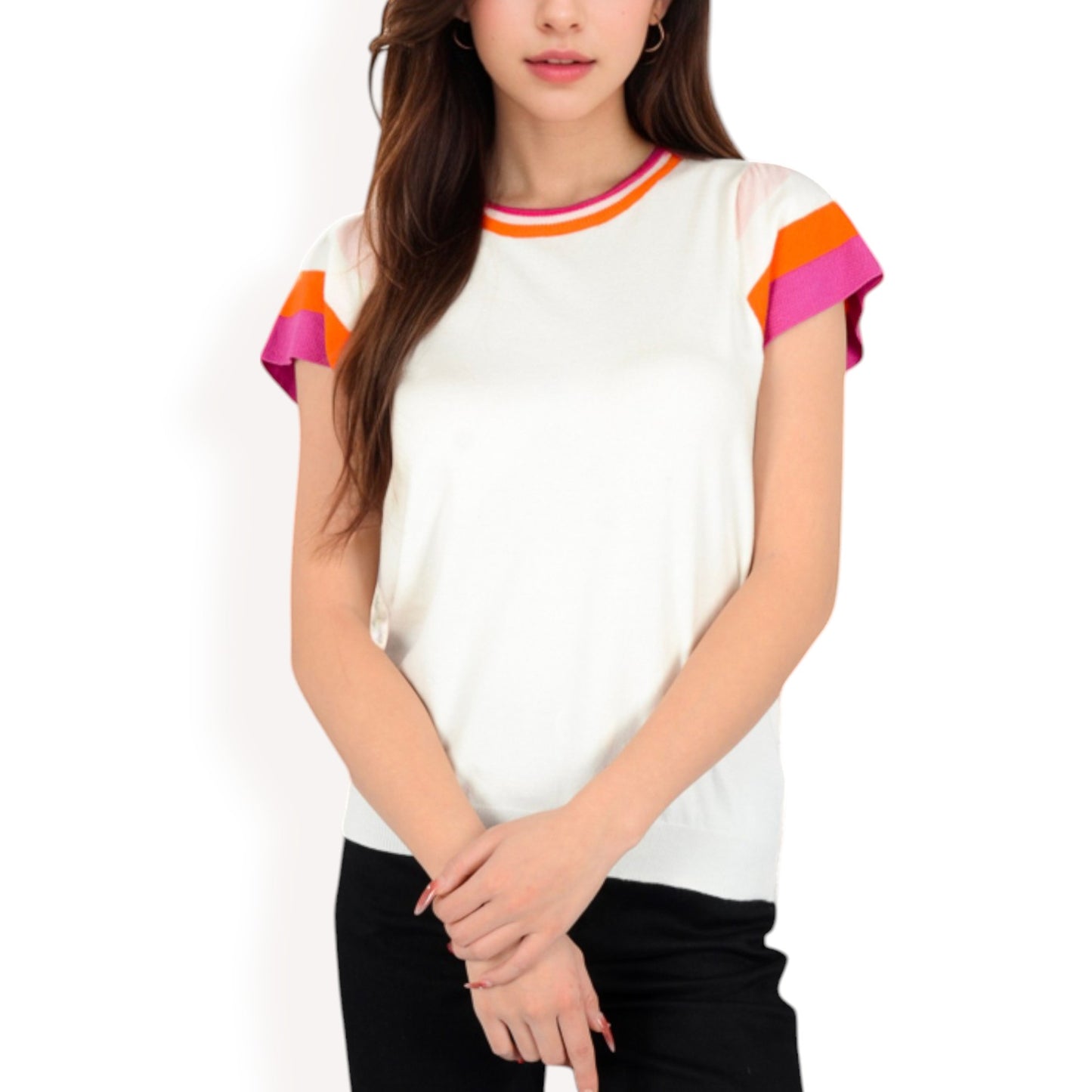 Anna-Kaci Women's Colorblock Knit Short Sleeve Top with Bold Striped Sleeves