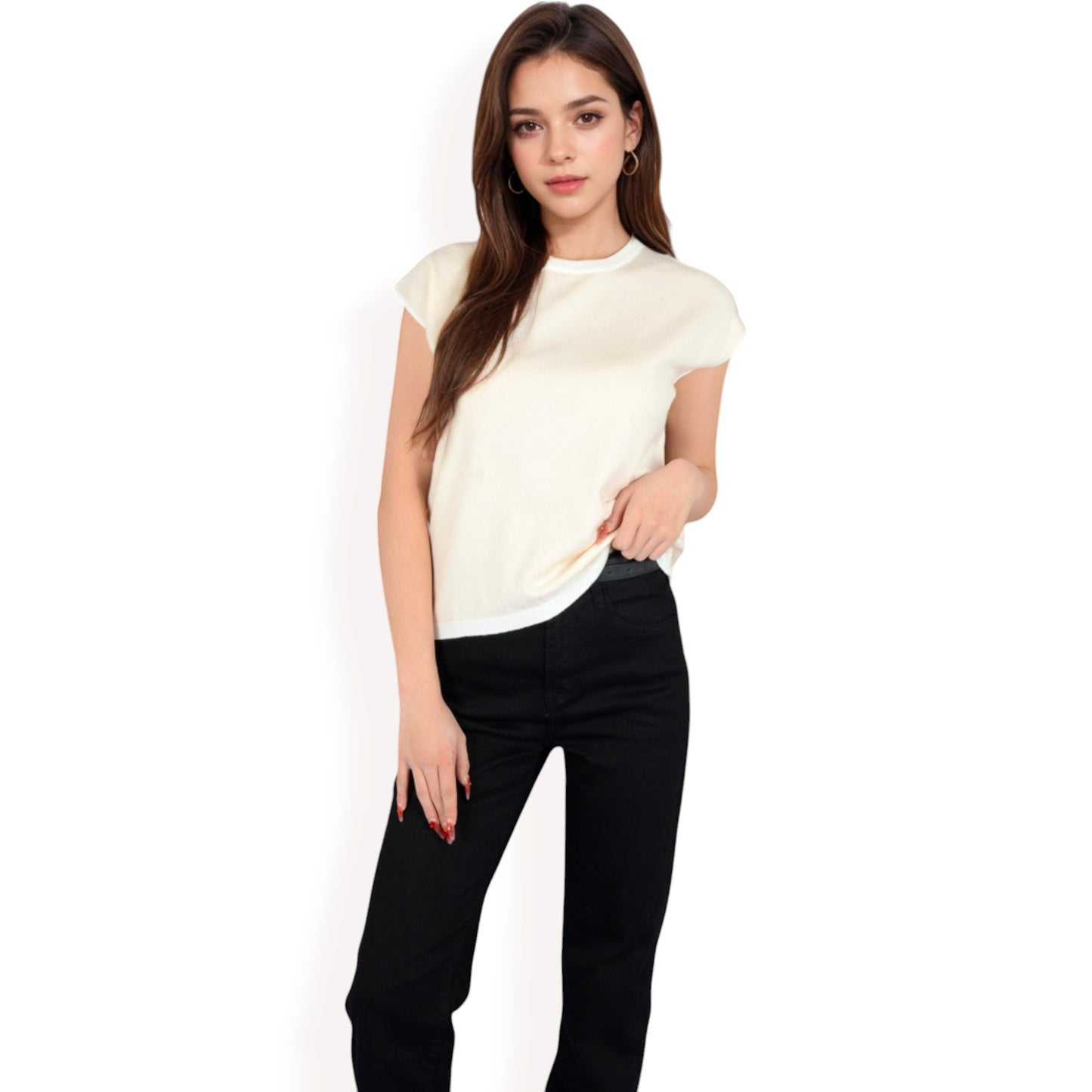 Anna-Kaci Women's Striped Knit Cap Sleeve Top with Contrast Trim