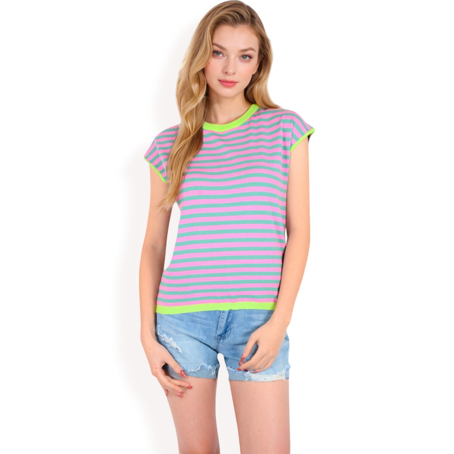 Anna-Kaci Women's Striped Knit Cap Sleeve Top with Contrast Trim