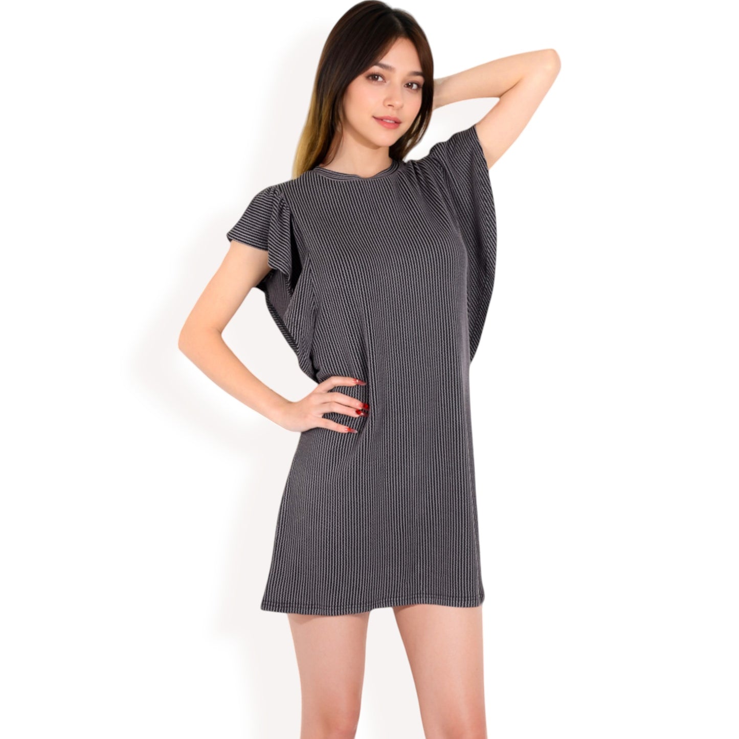 Anna-Kaci Women's Ruffle Sleeve Textured Knit Mini Shift Dress