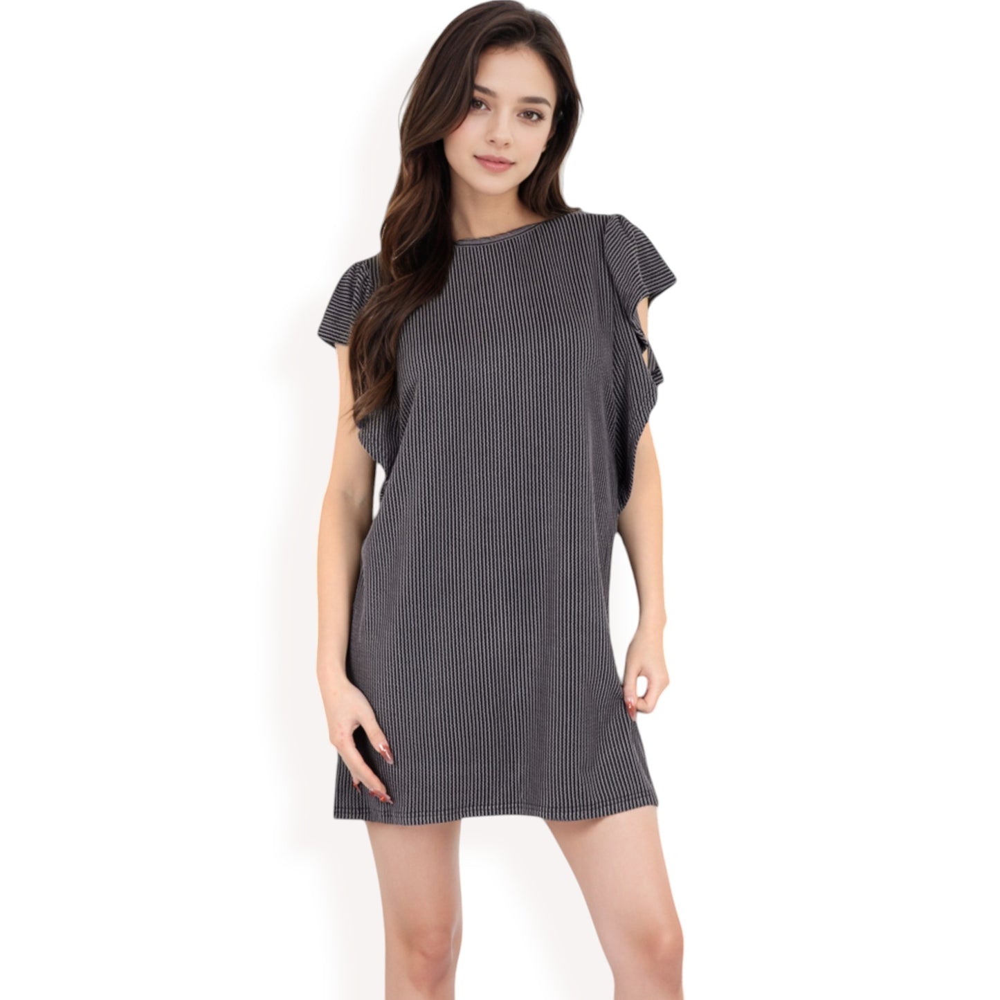 Anna-Kaci Women's Ruffle Sleeve Textured Knit Mini Shift Dress