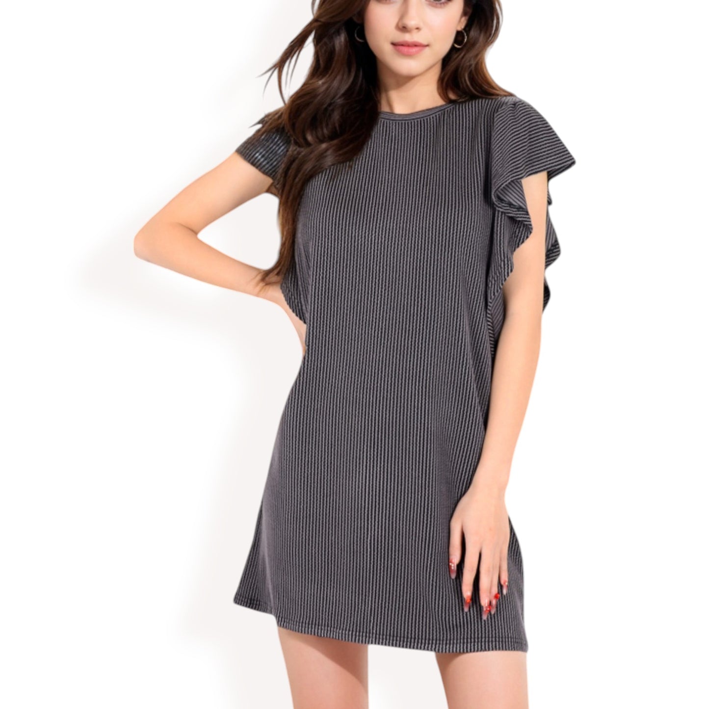 Anna-Kaci Women's Ruffle Sleeve Textured Knit Mini Shift Dress