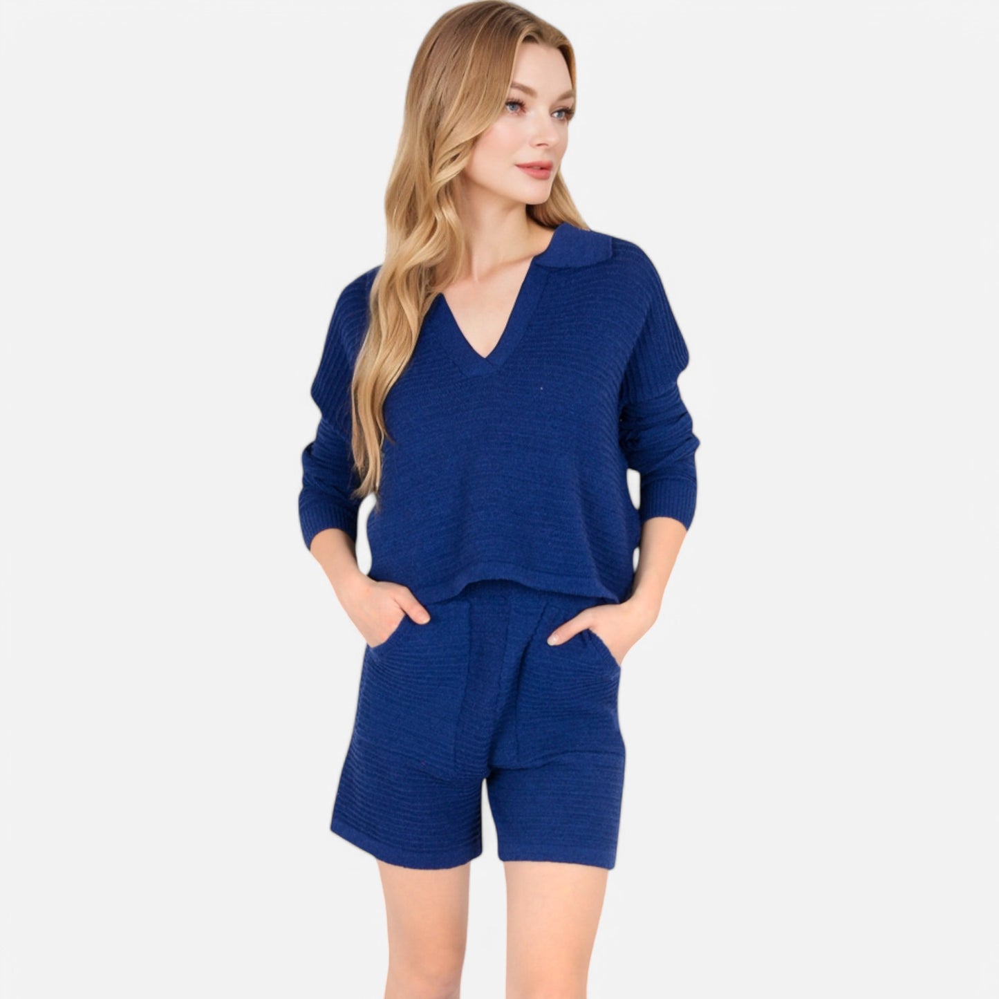 Anna-Kaci Women's Textured Long Sleeve Pullover and Shorts Set with Collared Neckline