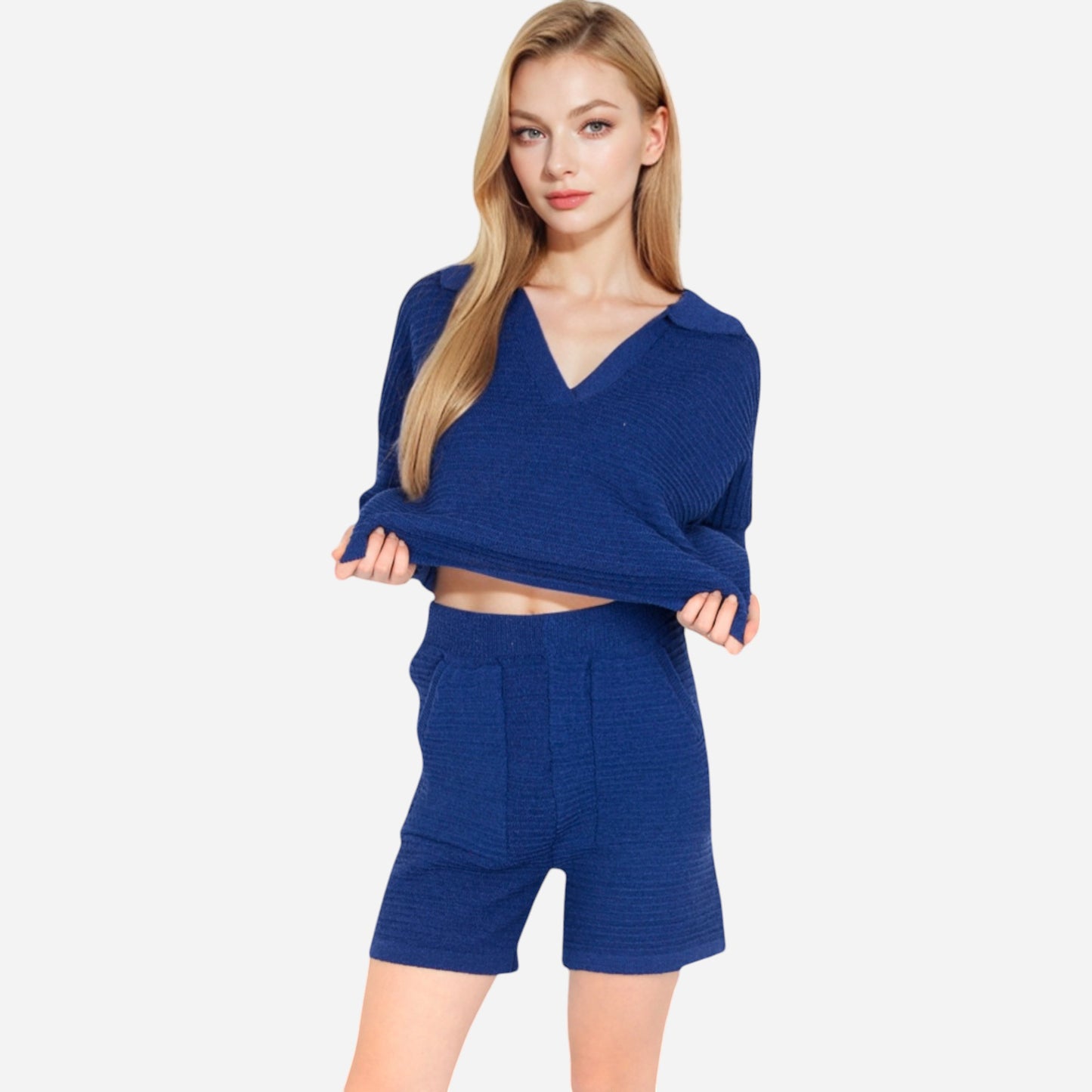 Anna-Kaci Women's Textured Long Sleeve Pullover and Shorts Set with Collared Neckline