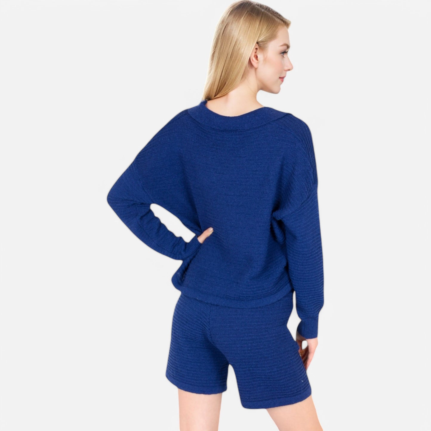 Anna-Kaci Women's Textured Long Sleeve Pullover and Shorts Set with Collared Neckline