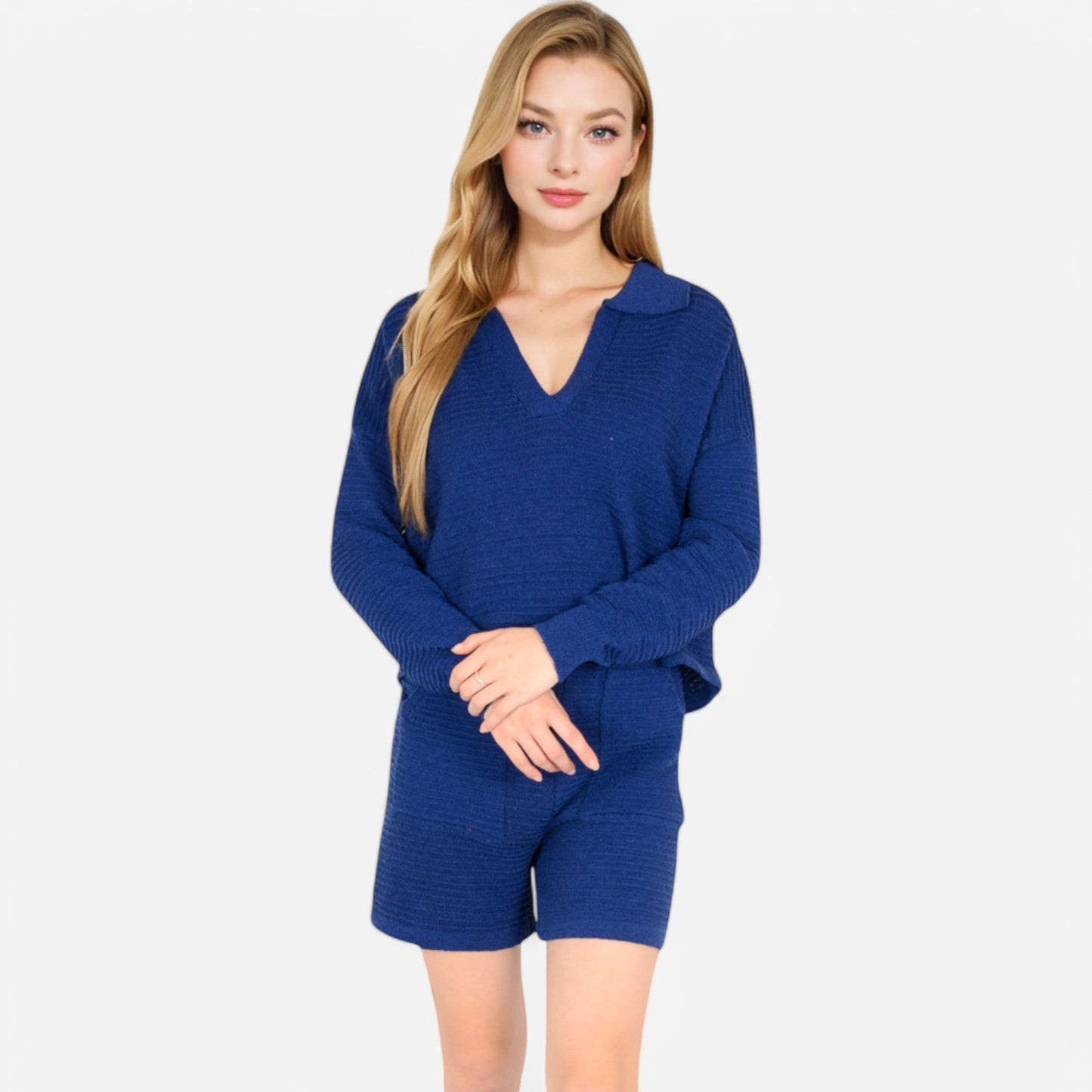 Anna-Kaci Women's Textured Long Sleeve Pullover and Shorts Set with Collared Neckline