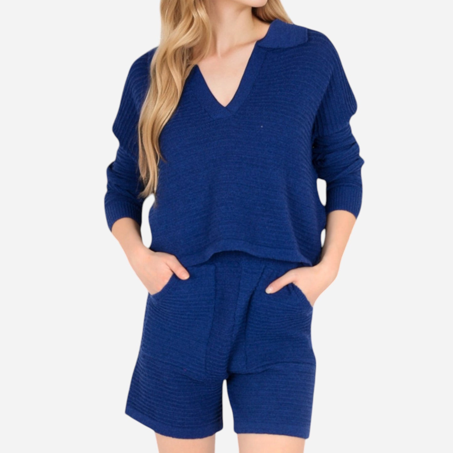 Anna-Kaci Women's Textured Long Sleeve Pullover and Shorts Set with Collared Neckline