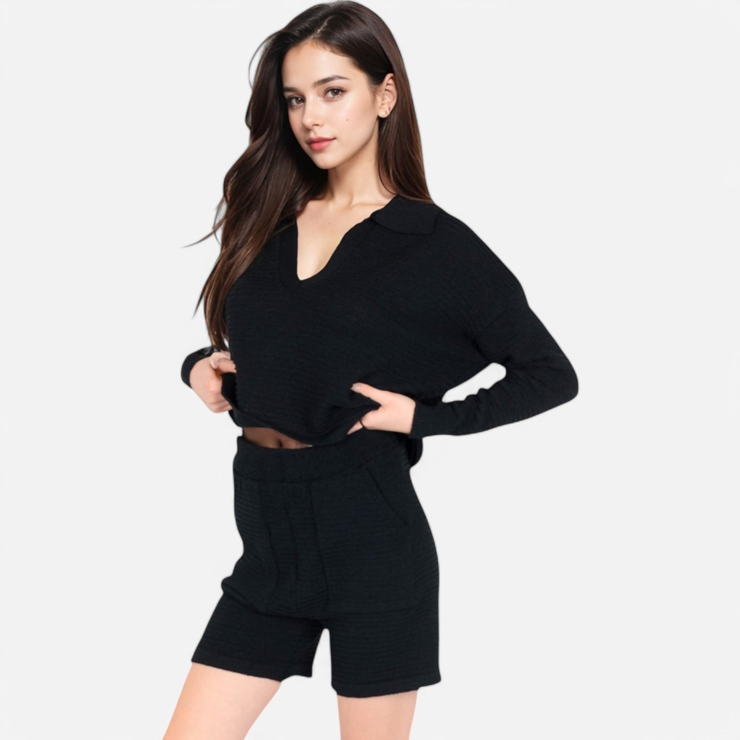 Anna-Kaci Women's Textured Long Sleeve Pullover and Shorts Set with Collared Neckline