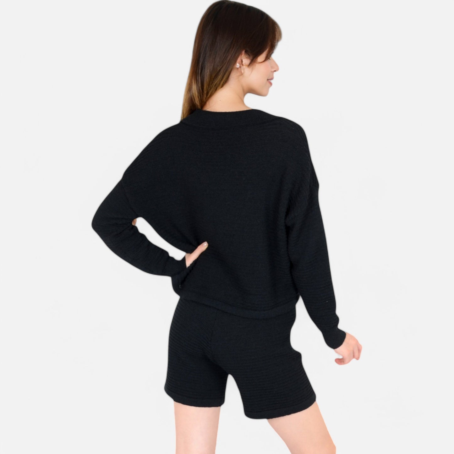 Anna-Kaci Women's Textured Long Sleeve Pullover and Shorts Set with Collared Neckline