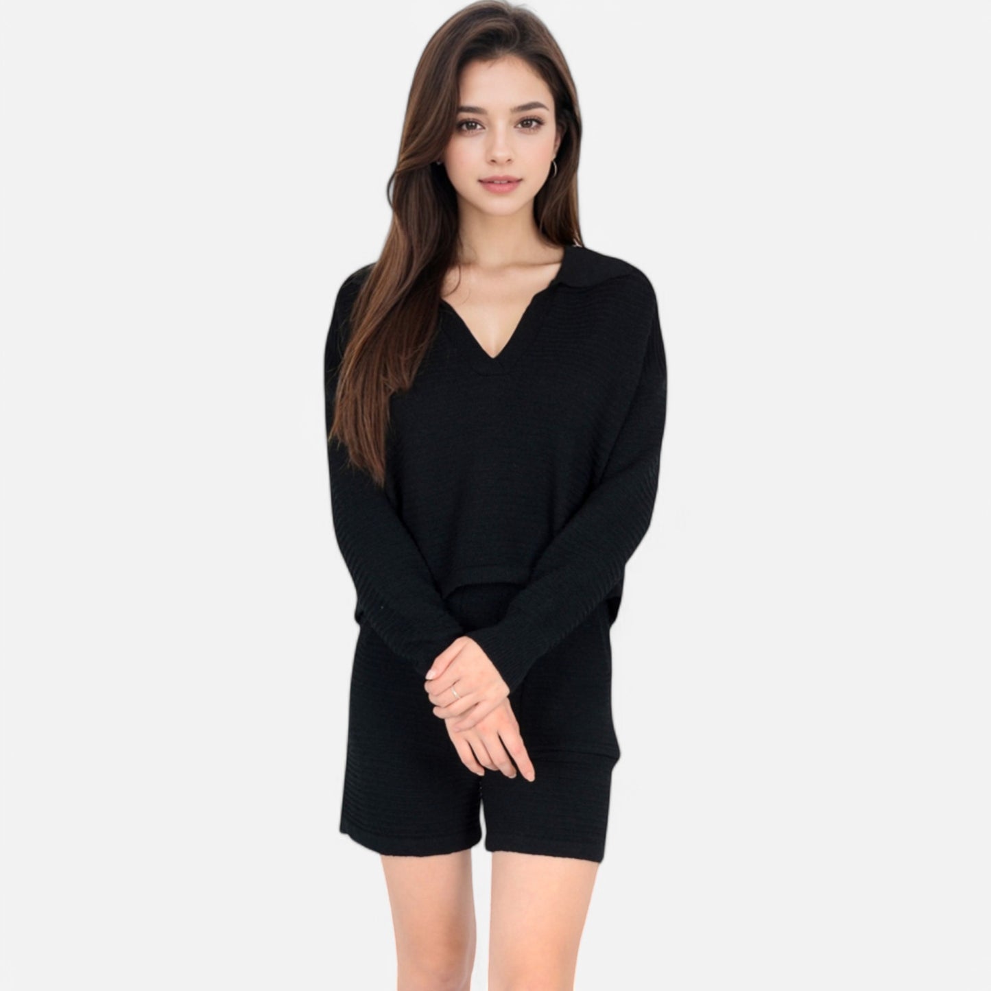 Anna-Kaci Women's Textured Long Sleeve Pullover and Shorts Set with Collared Neckline