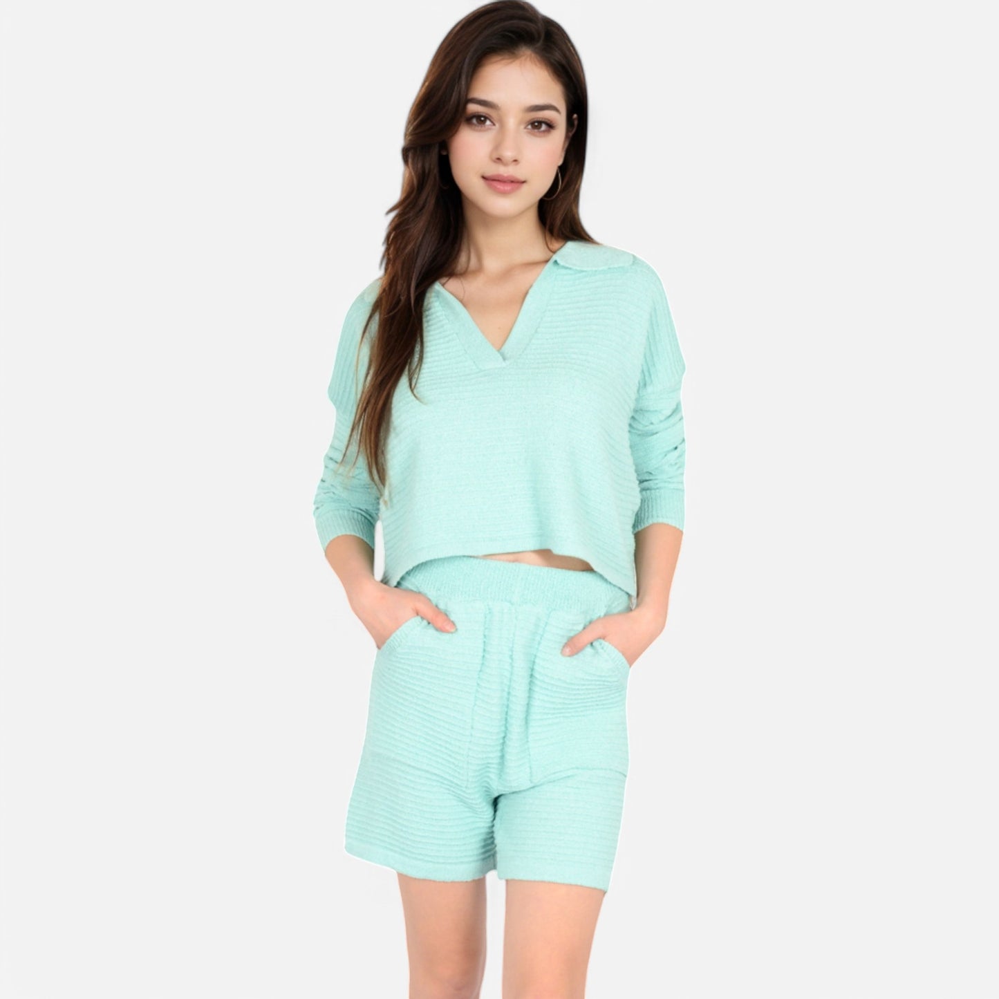 Anna-Kaci Women's Textured Long Sleeve Pullover and Shorts Set with Collared Neckline