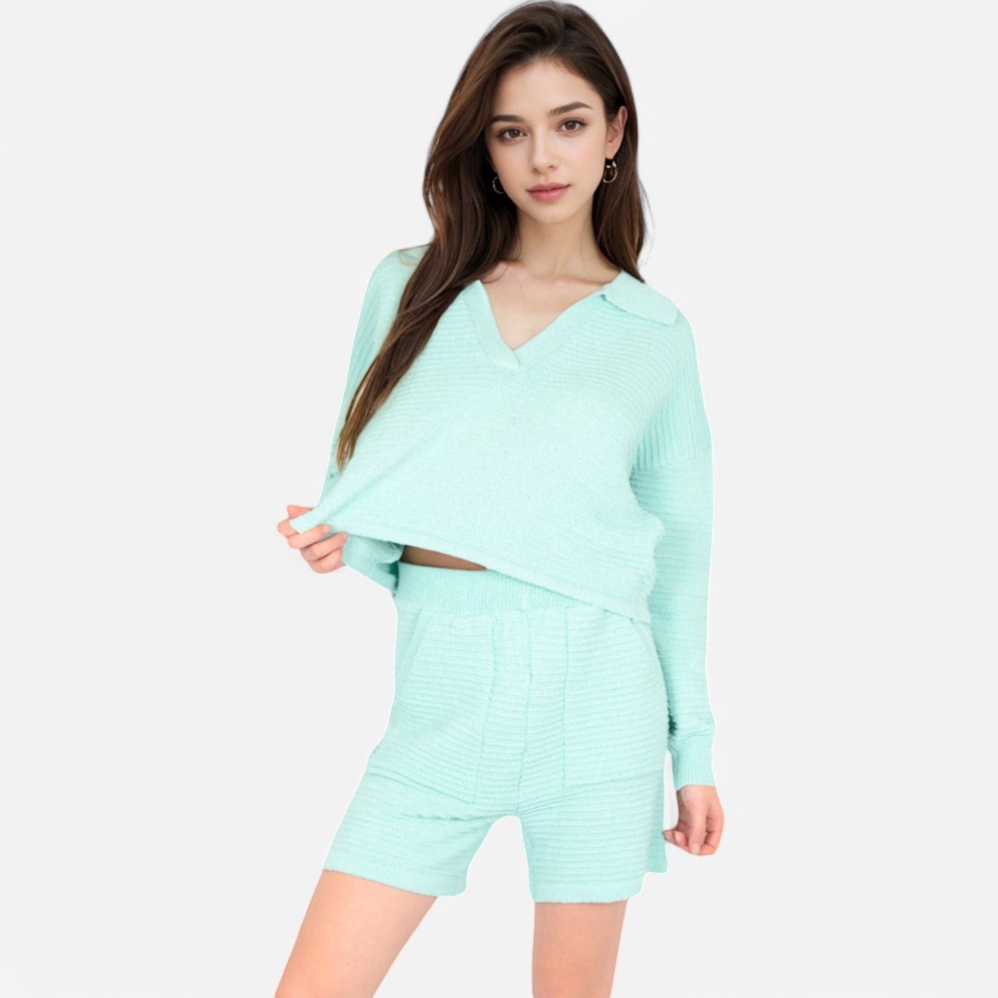 Anna-Kaci Women's Textured Long Sleeve Pullover and Shorts Set with Collared Neckline