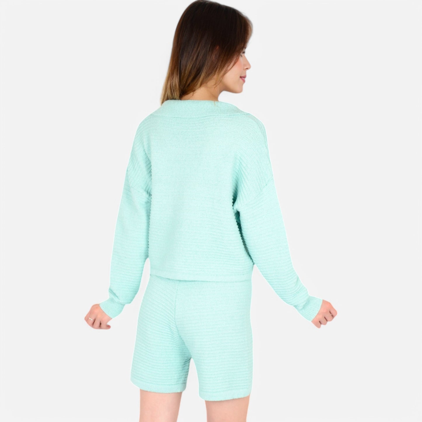 Anna-Kaci Women's Textured Long Sleeve Pullover and Shorts Set with Collared Neckline