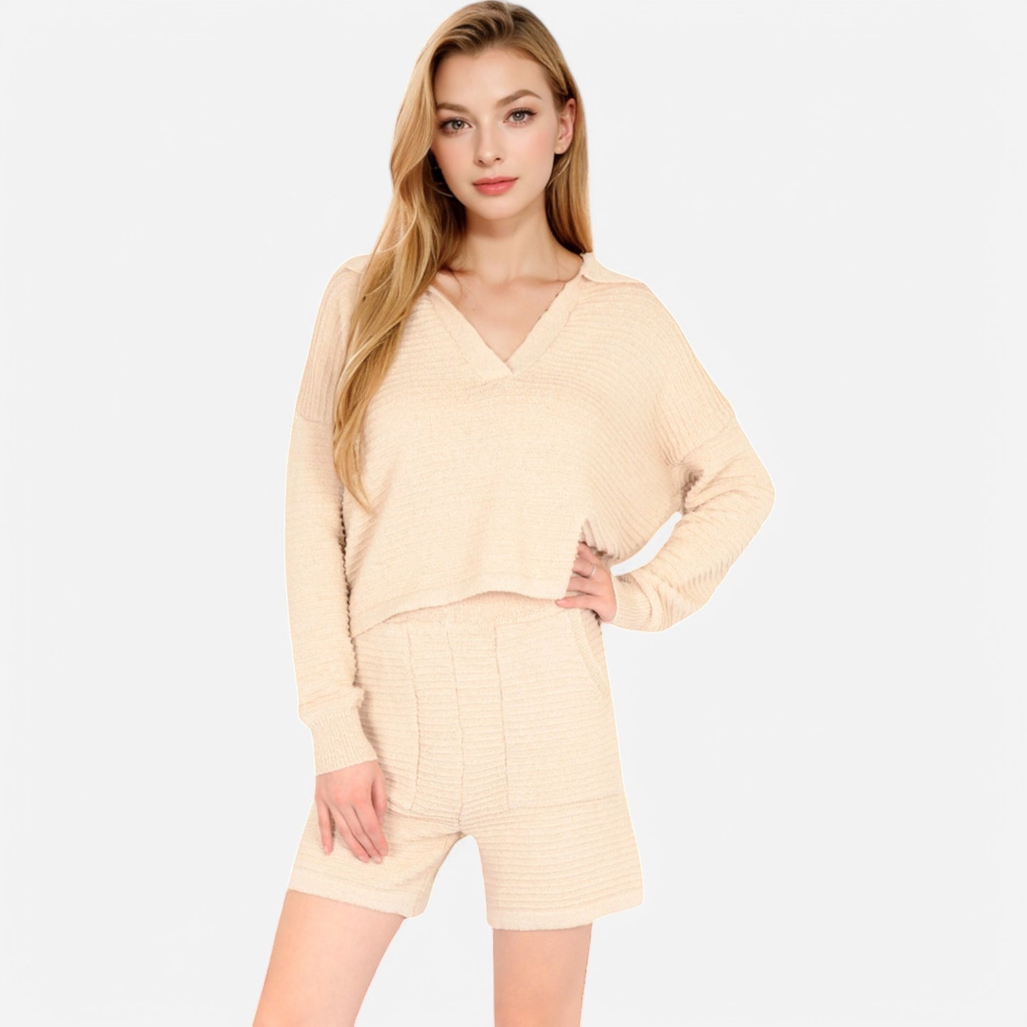 Anna-Kaci Women's Textured Long Sleeve Pullover and Shorts Set with Collared Neckline